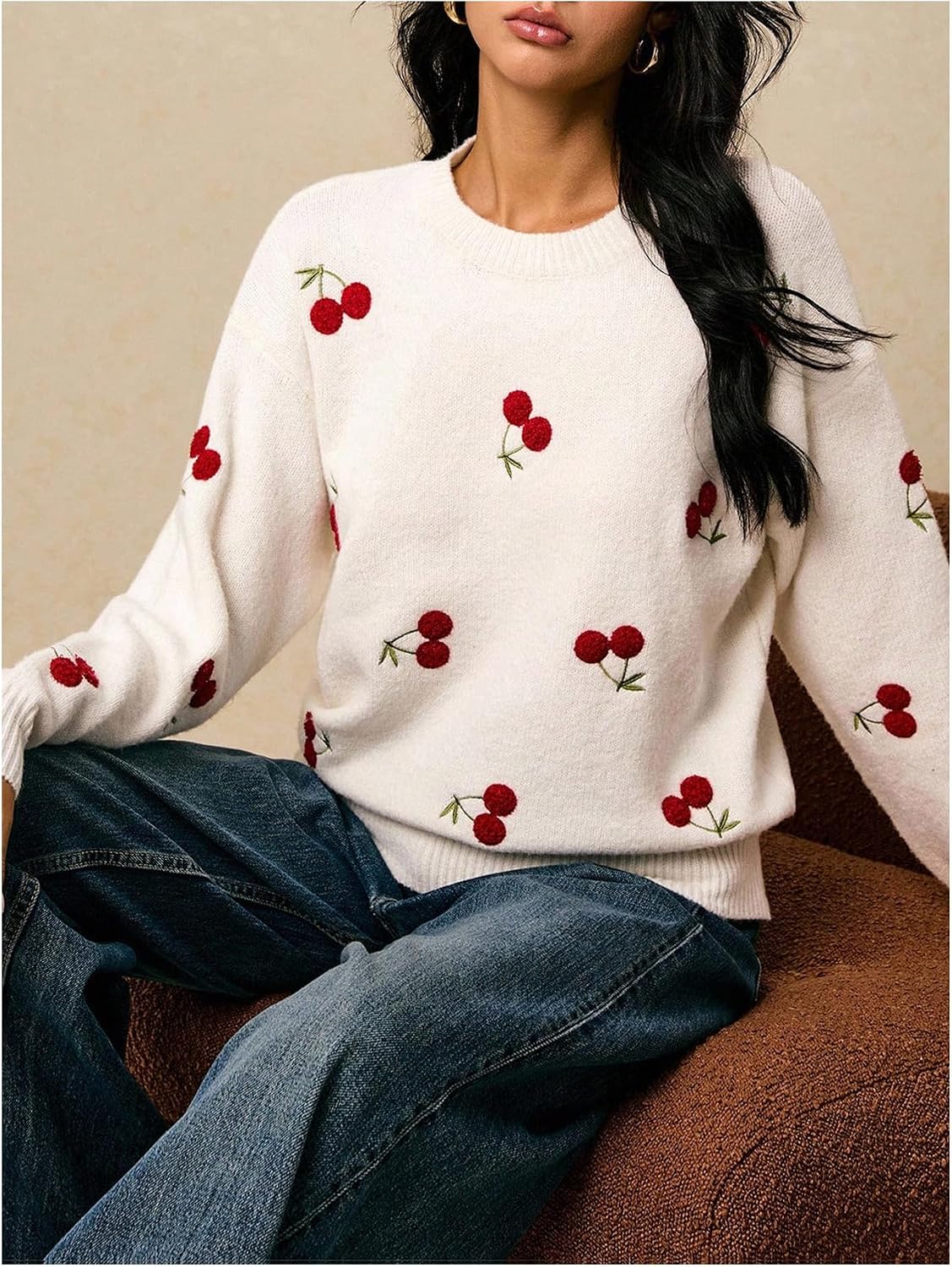 MakeMeChic Women's Cherry Embroidery Sweater Pullovers