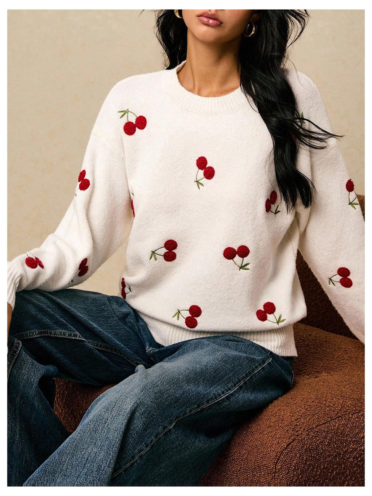 MakeMeChic Women's Cherry Embroidery Sweater Pullovers