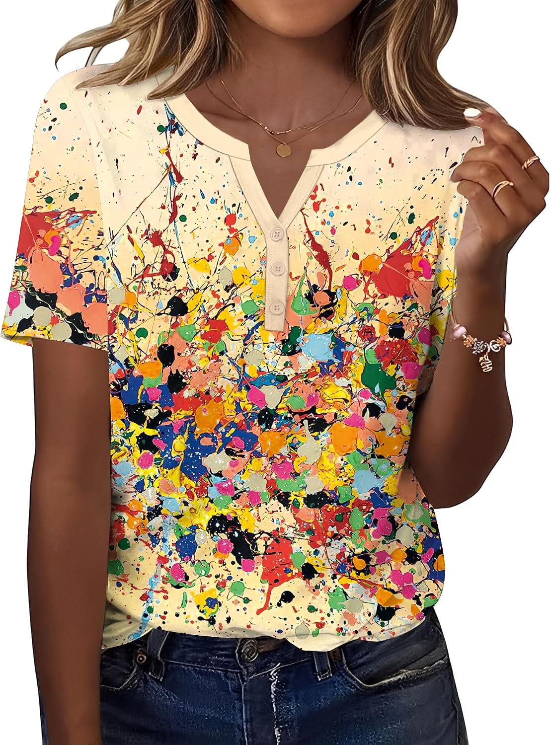 TCOT Women's Tops Dressy Casual Summer Blouses Short Sleeve Button V Neck Spring Tee Shirts