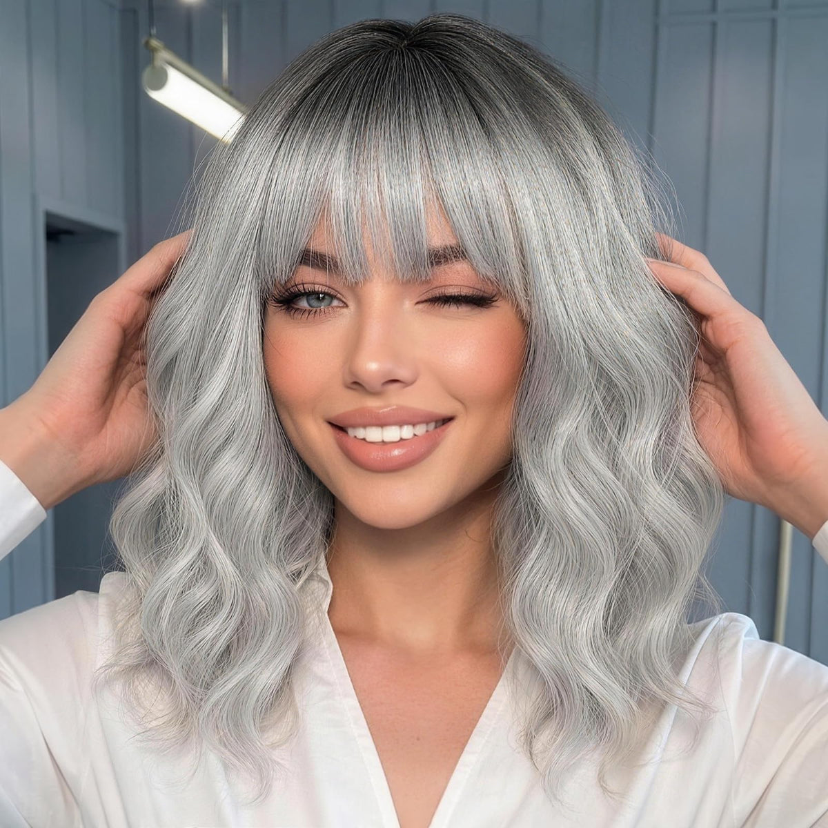 Nnzes Short Wavy Bob Wig with Bangs for Women Shoulder Length Curly Dark Brown with Purple Synthetic Heat-Resistant Fiber Hair for Daily & Party Use