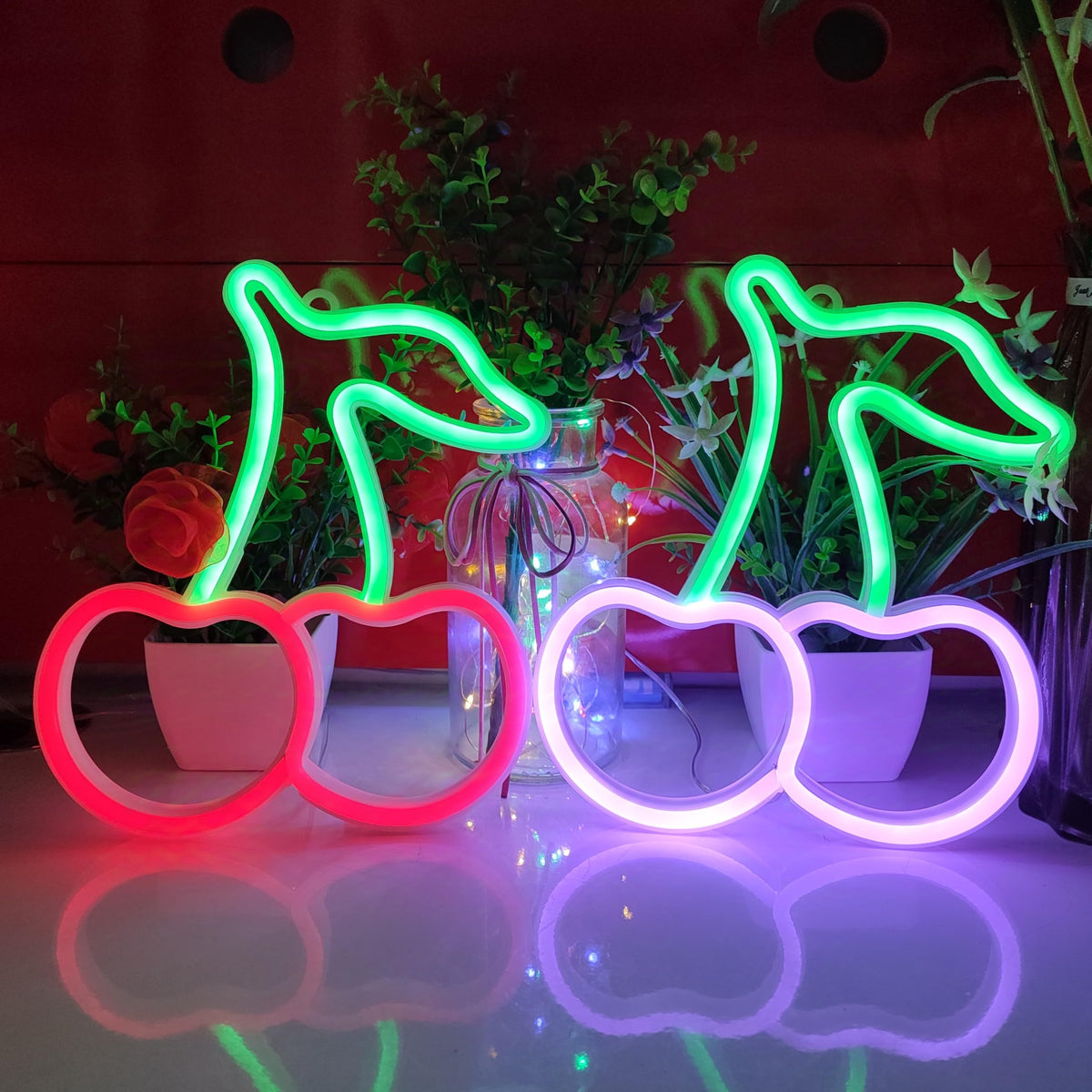 JYWJ Cherry LED Neon Signs Desktop Wall Decoration Light(Green+Pink)