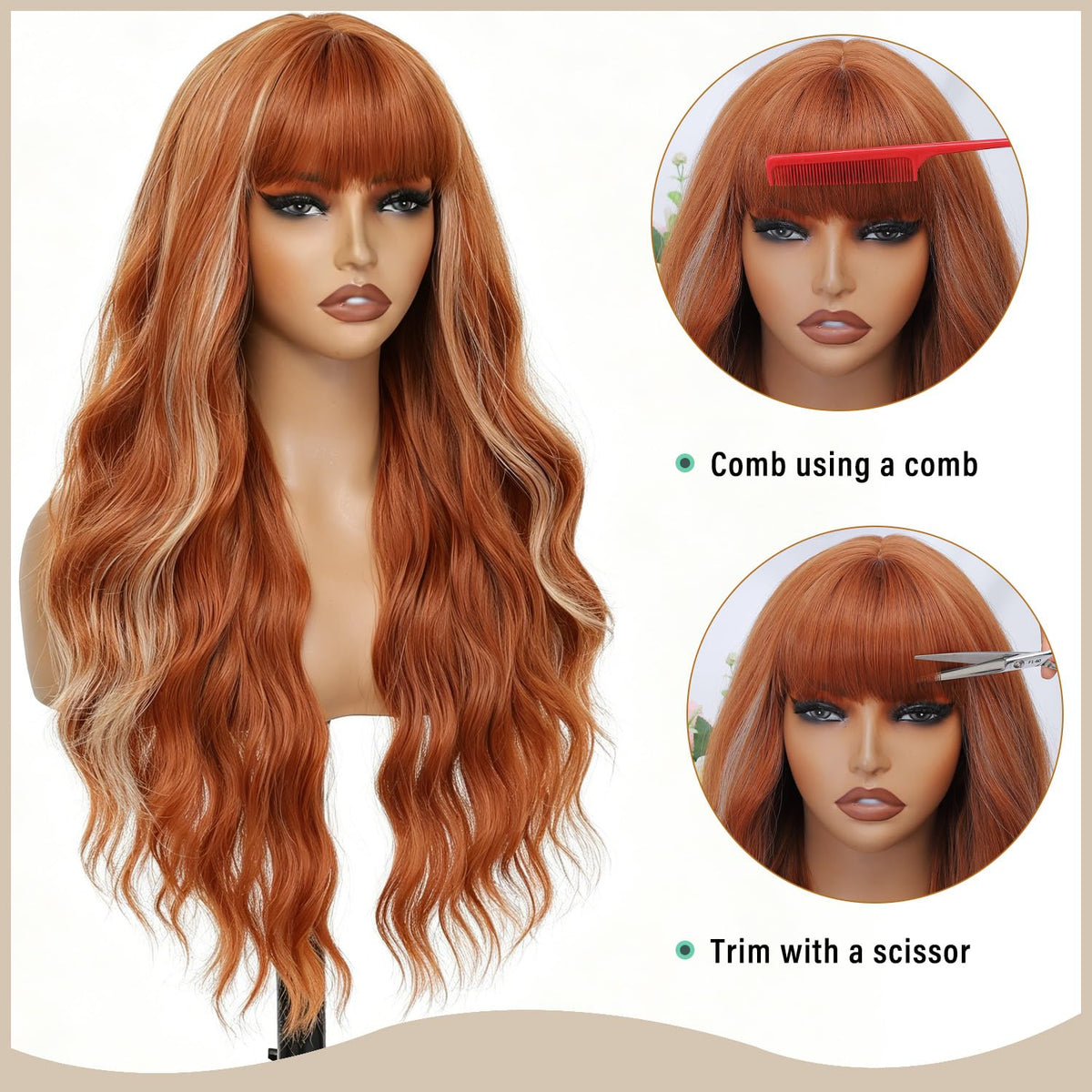 Burgundy Wig with Bangs for Women, Long Wavy Red Wig 26 Inch Wigs Heat Resistant Sythetic Wig for Daily Party Use