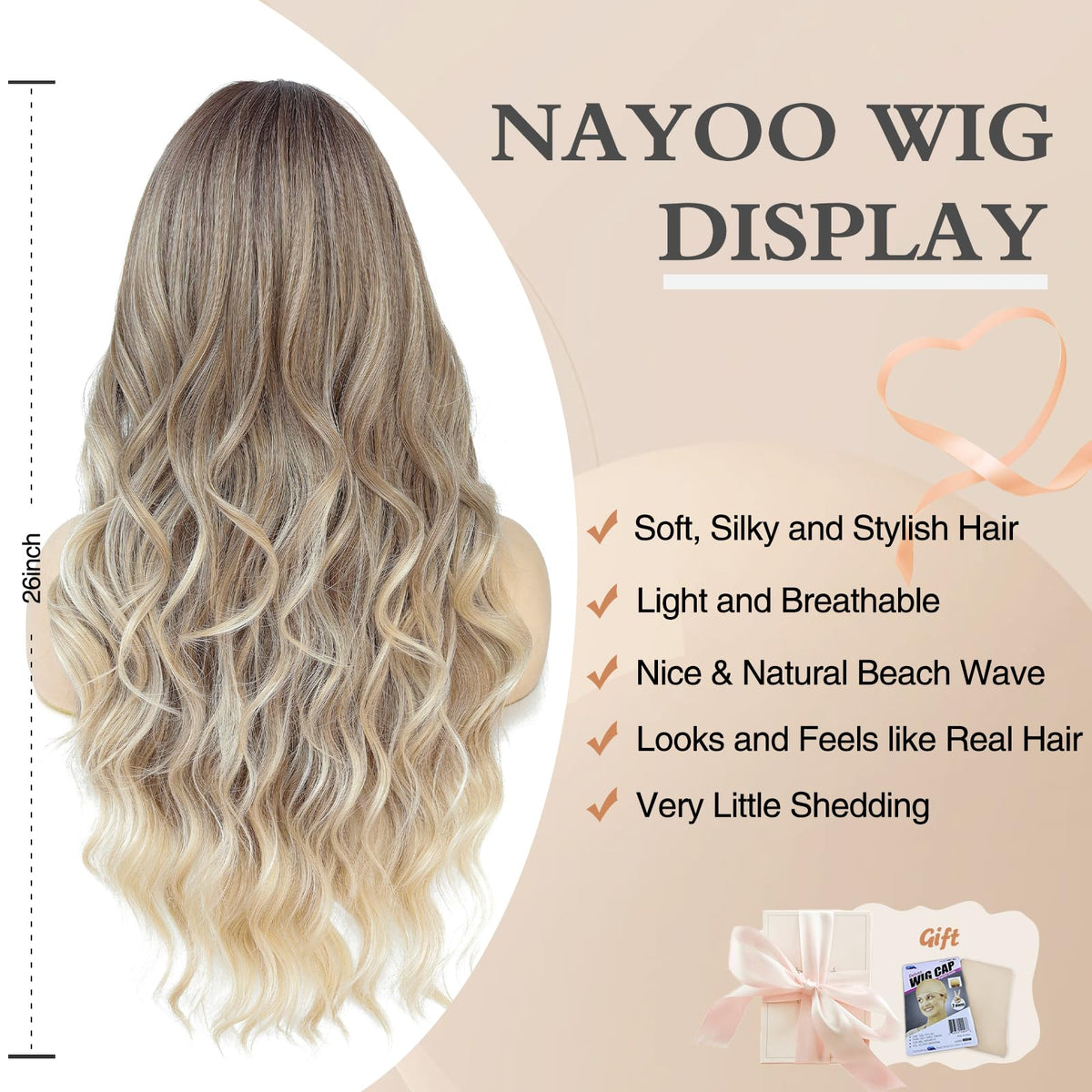 NAYOO 26 Inch Long Wavy Black Wig for Women, Middle Part Natural Looking Synthetic Wig, Heat Resistant Fiber Soft & Lightweight, Realistic Scalp Long Curly Wig for Daily Wear Party Cosplay