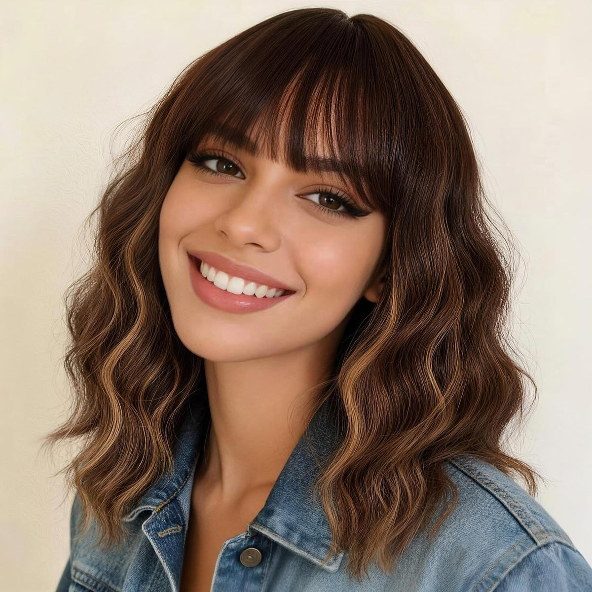 Nnzes Short Wavy Bob Wig with Bangs for Women Shoulder Length Curly Dark Brown with Purple Synthetic Heat-Resistant Fiber Hair for Daily & Party Use