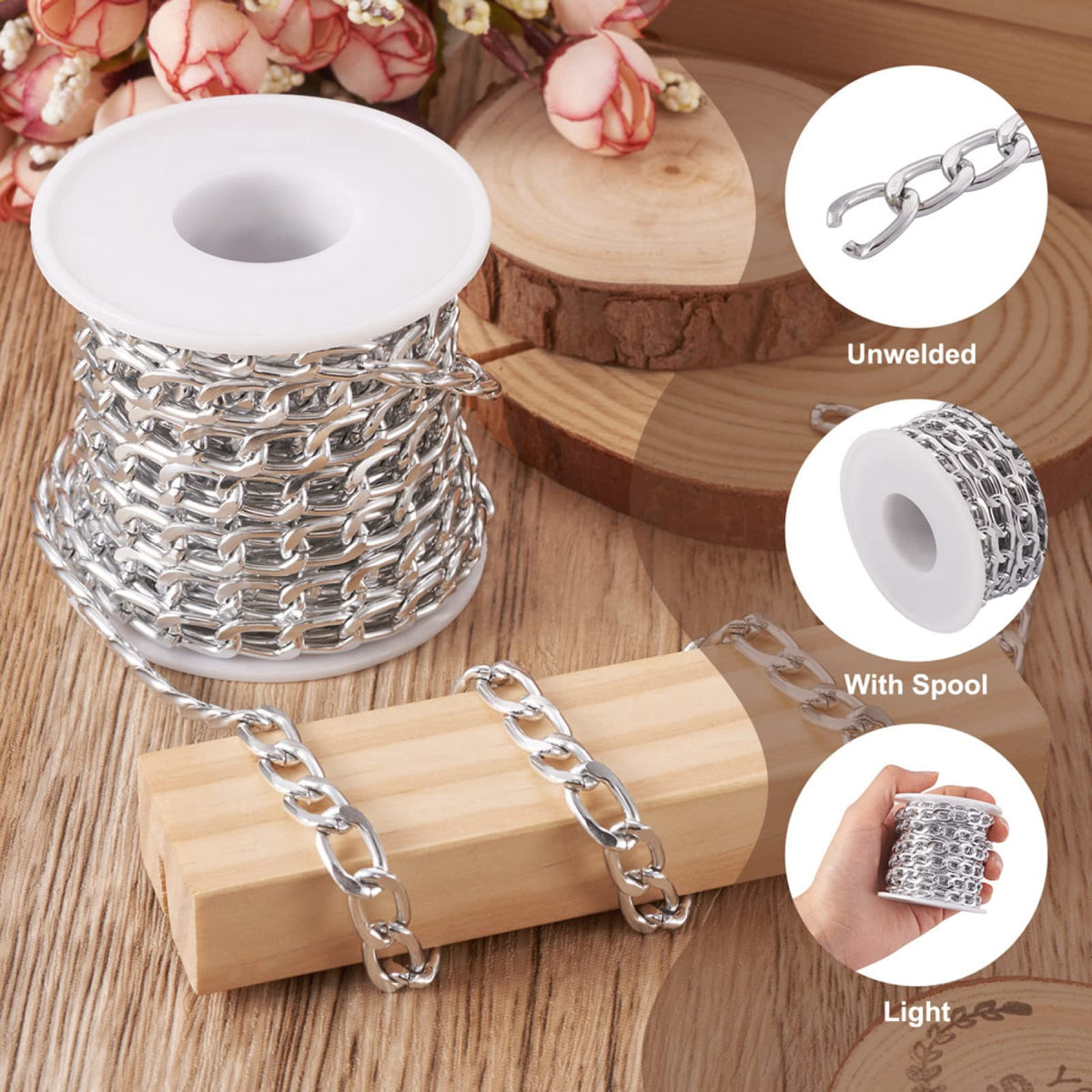Beadthoven 16.4ft Aluminum Curb Chains, Silver Color Chains for Jewelry Making 5mm Wide Metal Craft Chain Link Spool Twisted Links Oval Curb Chains Unwelded for Clothes Necklace Bracelet DIY Findings