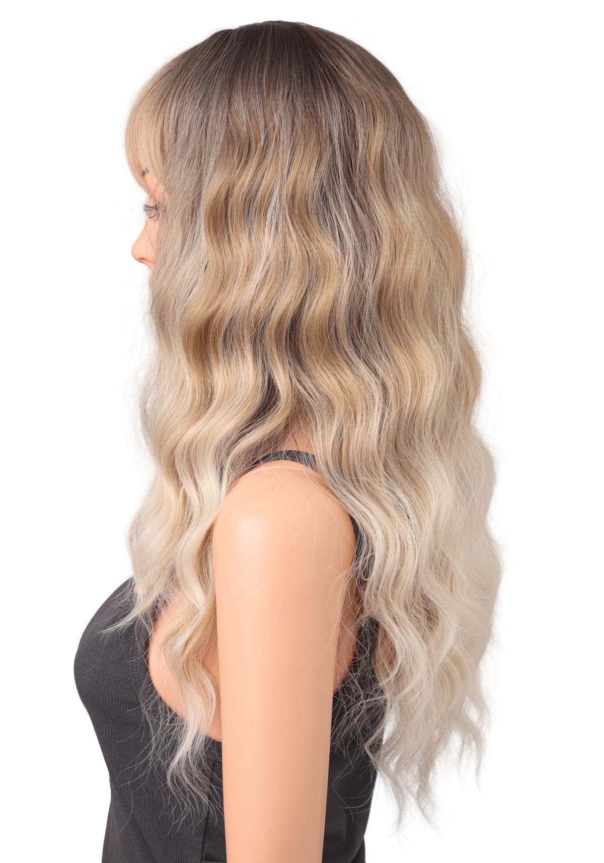 18 Inch Wavy Wig with Bangs – Black With Brown Highlights Heat Resistant Synthetic Hair, Soft Silky & Natural Looking for Women
