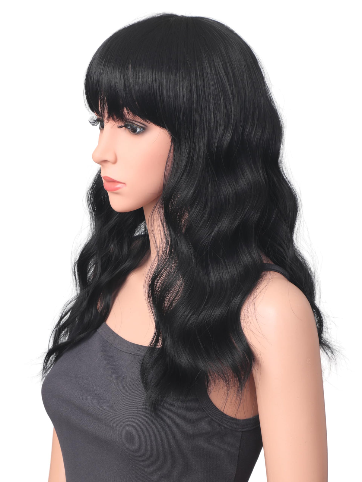 18 Inch Wavy Wig with Bangs – Black With Brown Highlights Heat Resistant Synthetic Hair, Soft Silky & Natural Looking for Women