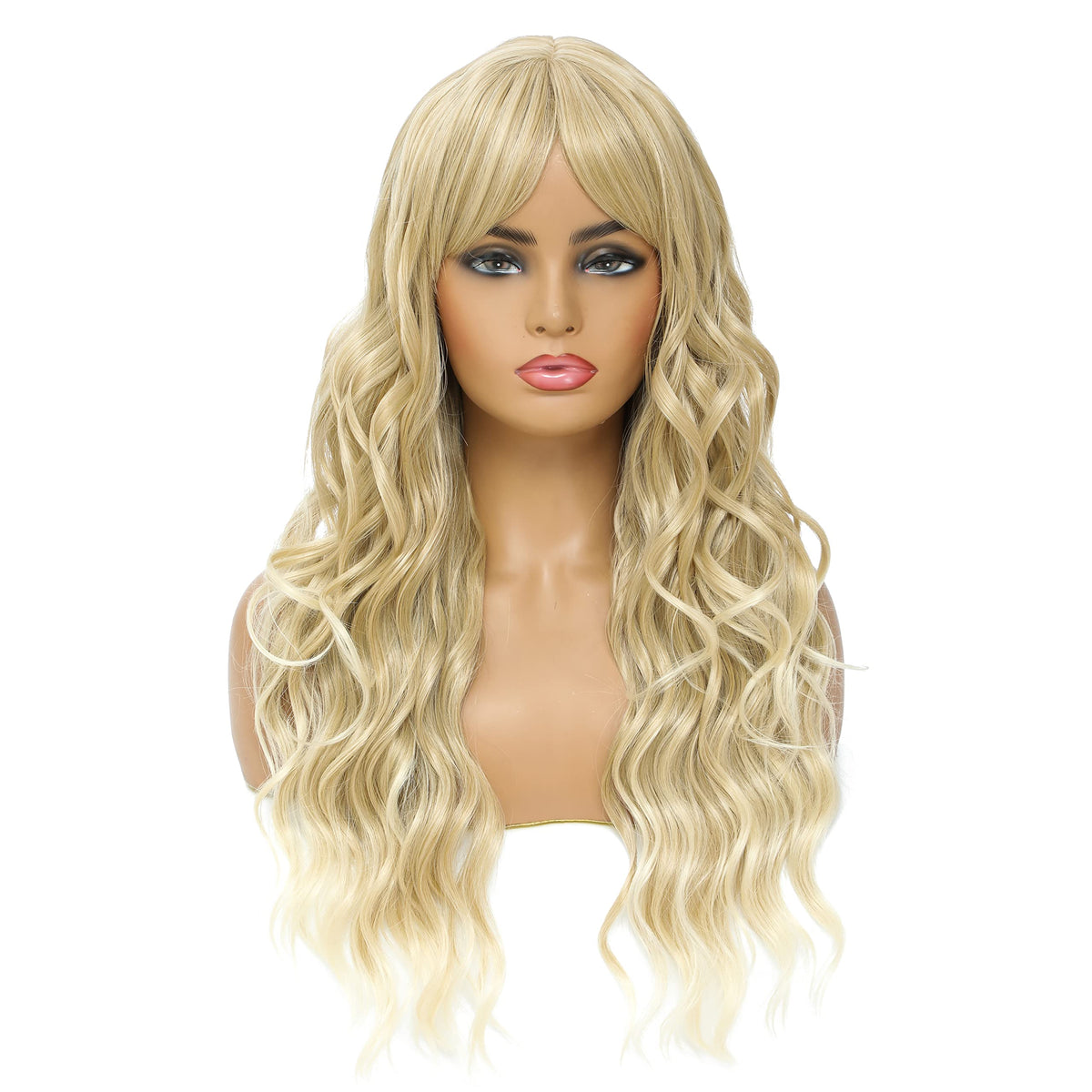 SWACC Long Curly Wavy Wig with Bangs Synthetic Hair Wig for Women with Wig Cap (Pink Ombre)