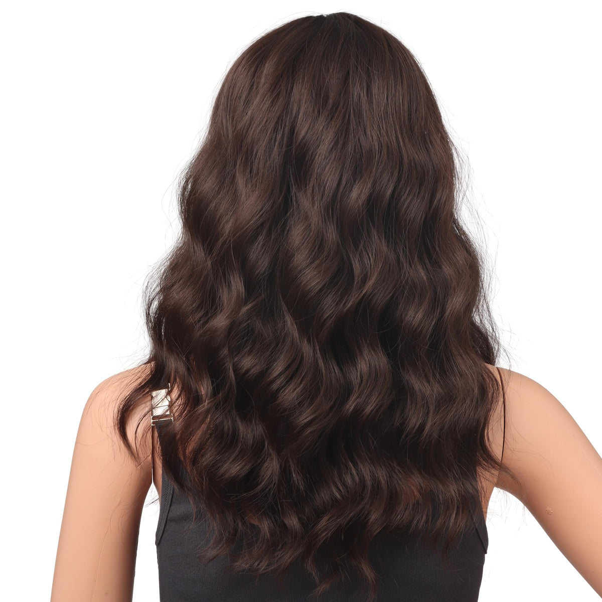 18 Inch Wavy Wig with Bangs – Black With Brown Highlights Heat Resistant Synthetic Hair, Soft Silky & Natural Looking for Women