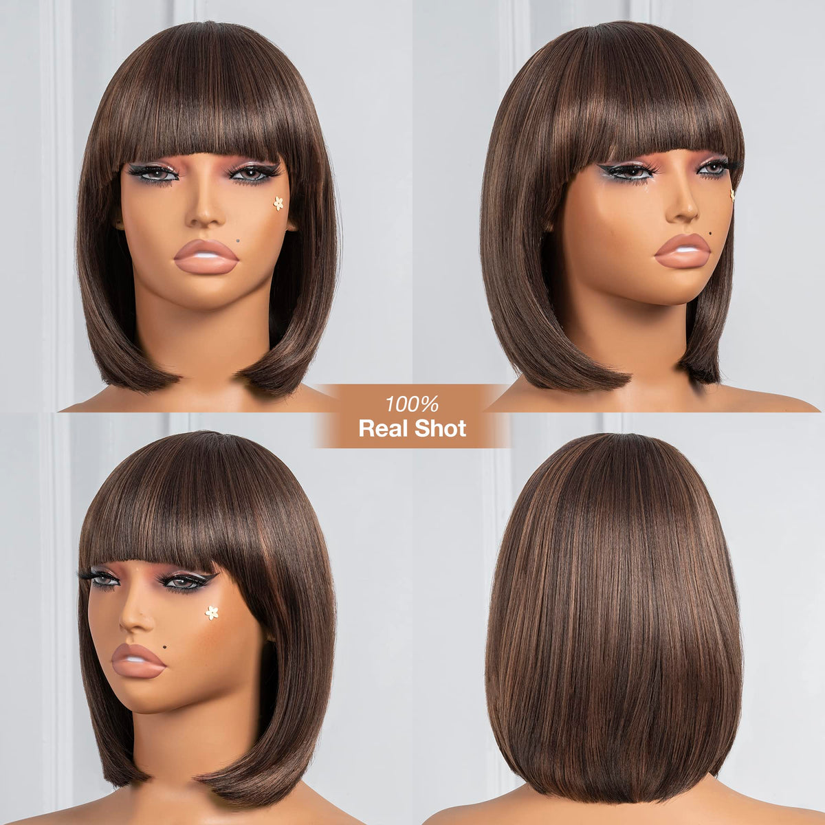 ToyoTress Bob Wig With Bangs - 12 Inch Peek-a-boo Color Short Bob Wig For Black Women Black Mix Brown Daily Costume Wigs, Light Yaki Straight Synthetic Hair Wigs Heat Resistant (12 Inch, SH30-612H)