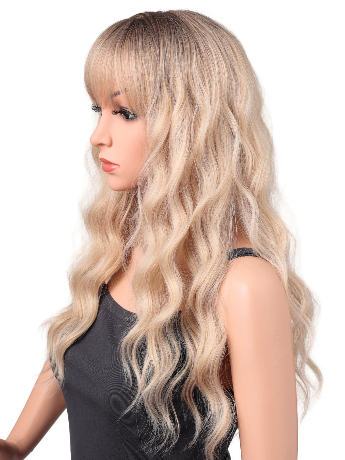 18 Inch Wavy Wig with Bangs – Black With Brown Highlights Heat Resistant Synthetic Hair, Soft Silky & Natural Looking for Women