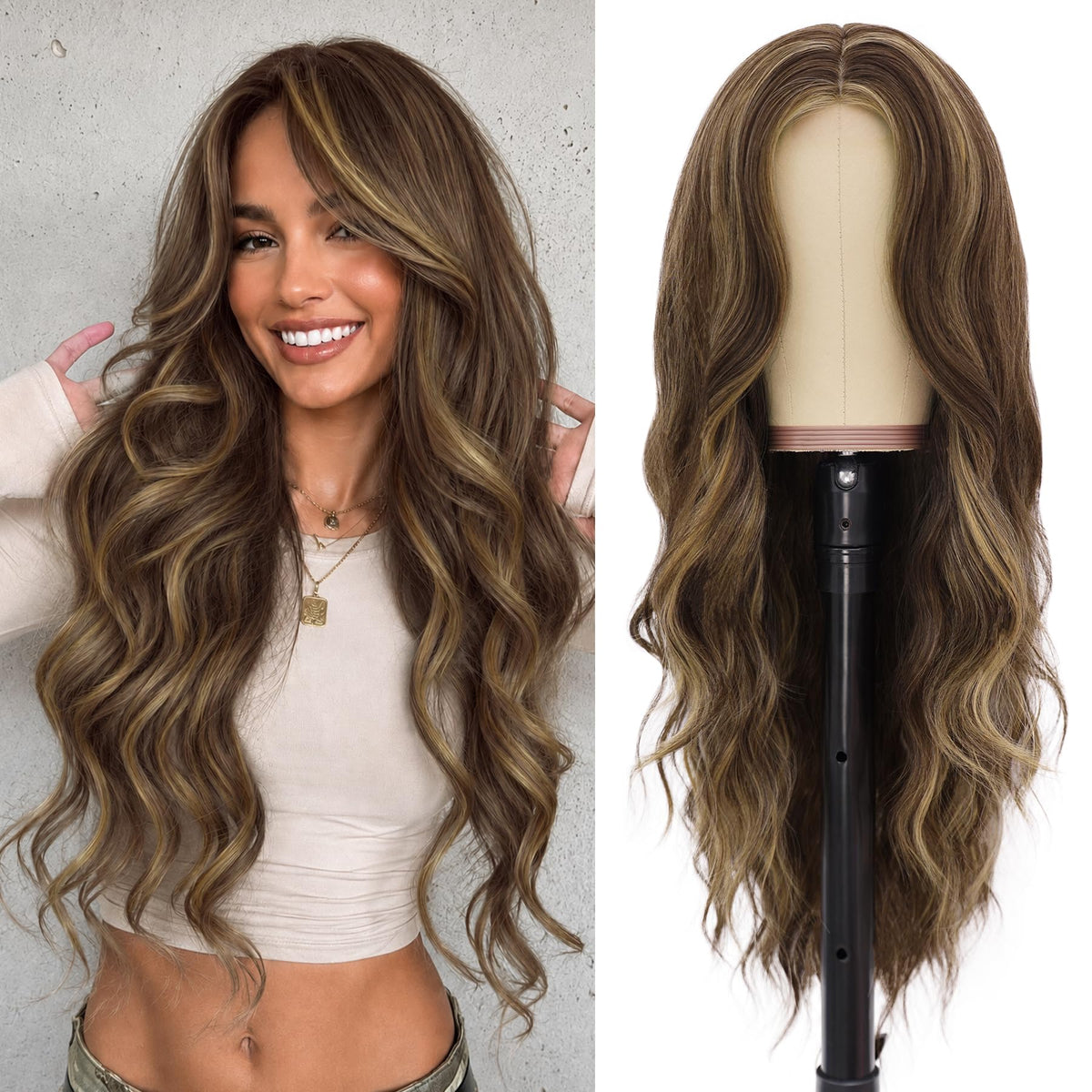 NAYOO Ice Blue Wig for Women, 26 Inch Middle Part Wavy Synthetic Wig
