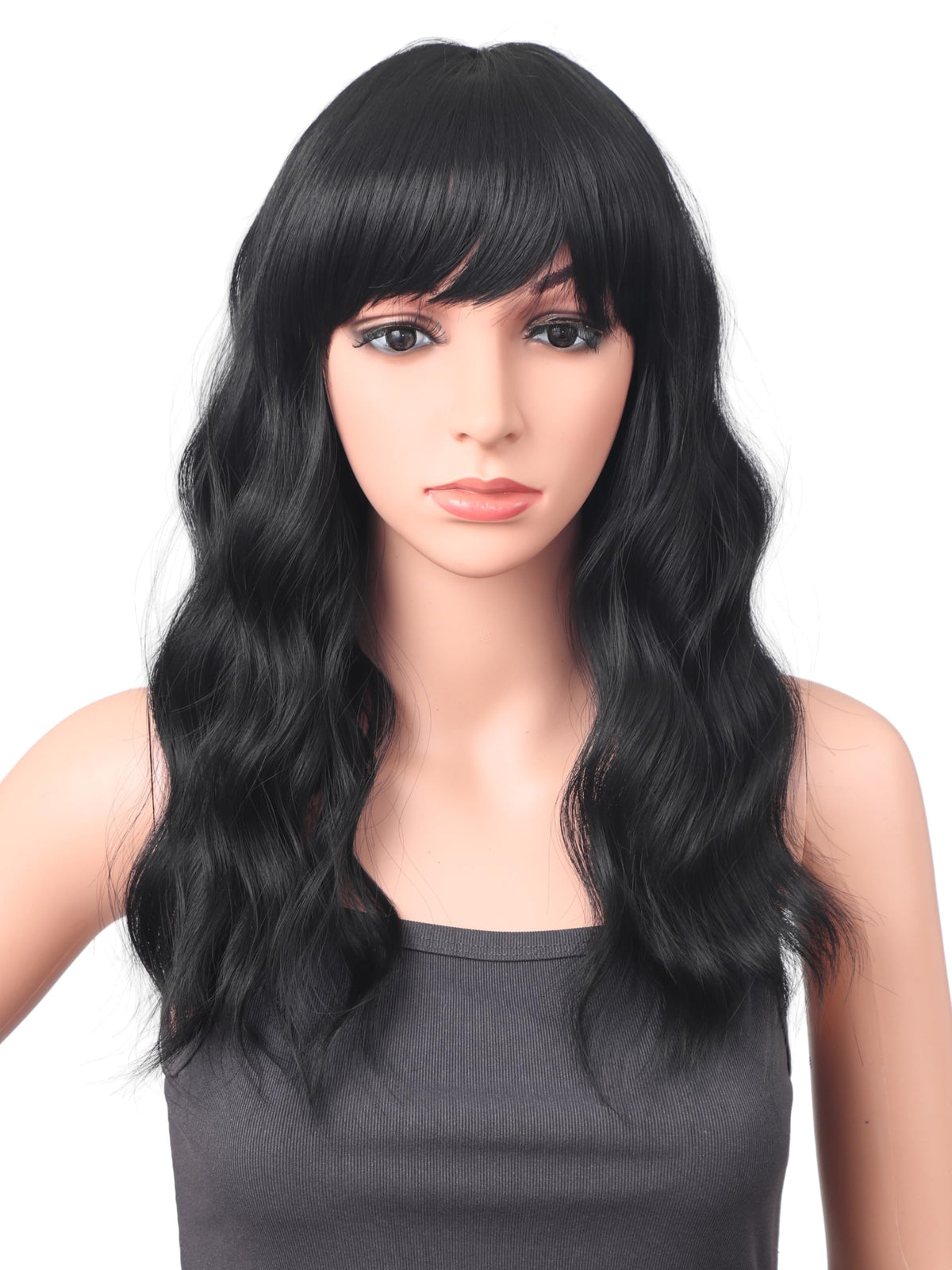 18 Inch Wavy Wig with Bangs – Black With Brown Highlights Heat Resistant Synthetic Hair, Soft Silky & Natural Looking for Women