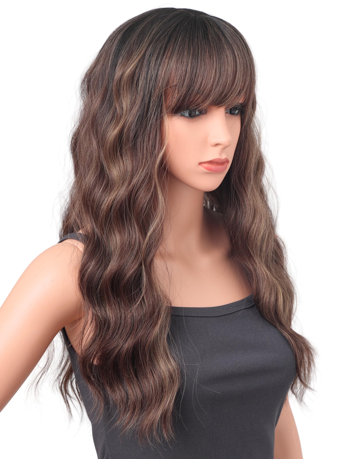 18 Inch Wavy Wig with Bangs – Black With Brown Highlights Heat Resistant Synthetic Hair, Soft Silky & Natural Looking for Women