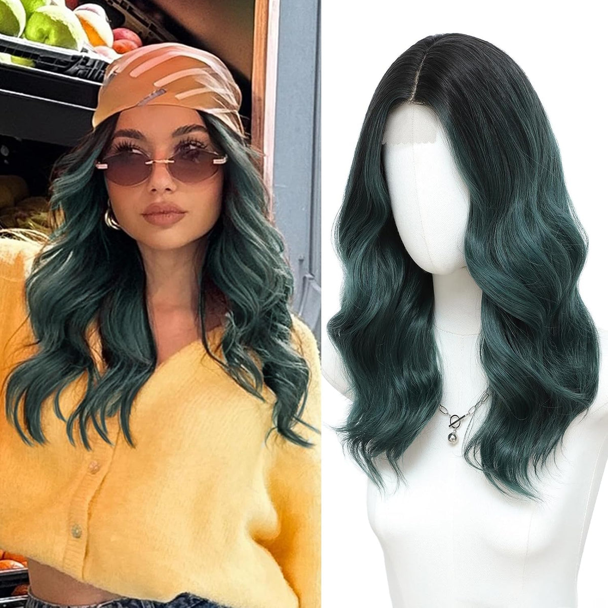 MORICA Ombre Dark Green Wigs for Women, 18 Inch Wavy Middle Part Wig