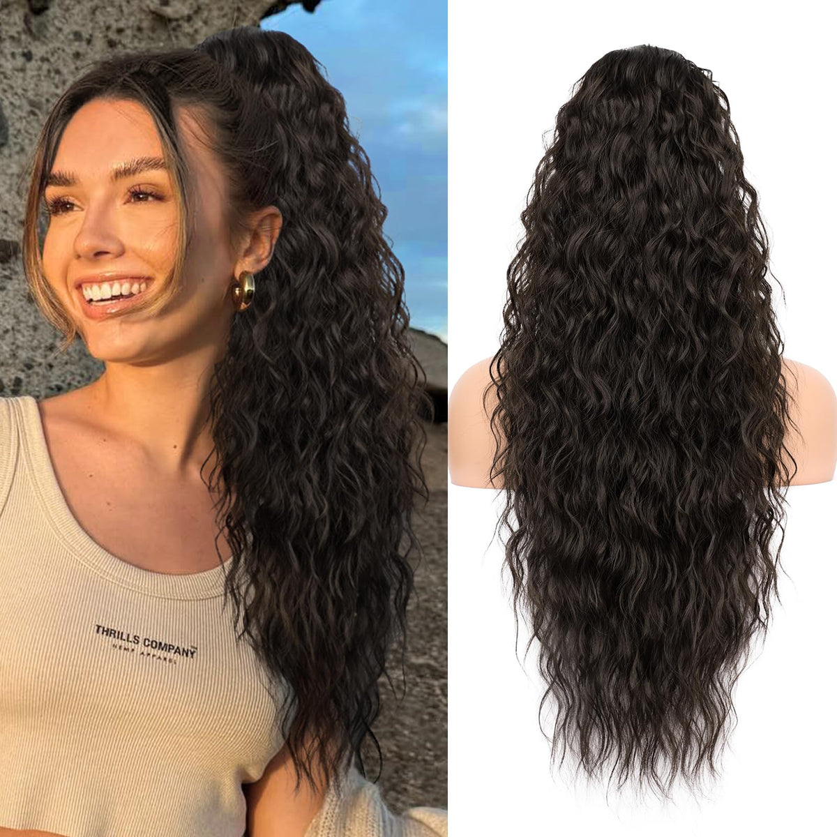 KooKaStyle Long Medium Brown Curly Synthetic Drawstring Ponytail Extension