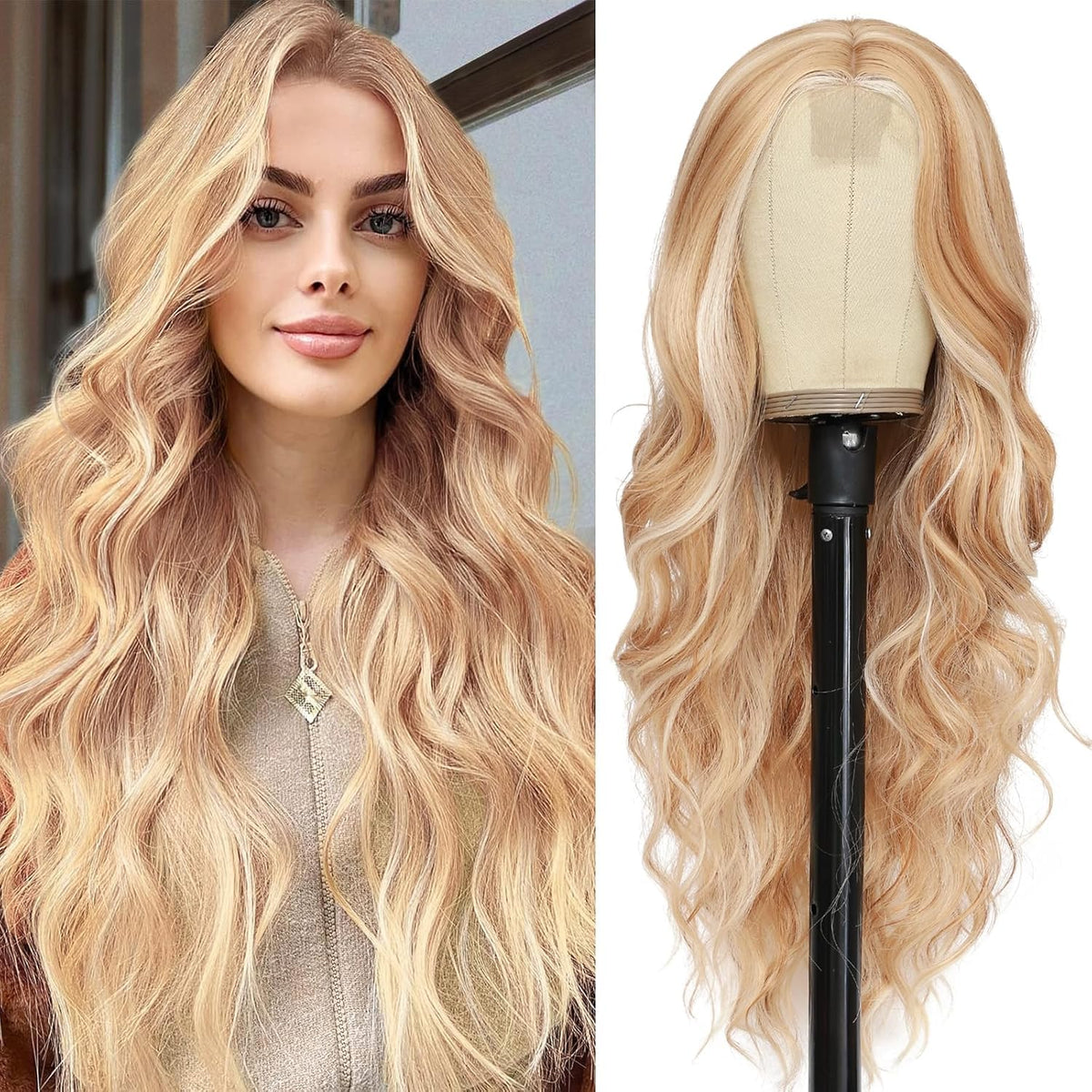 NAYOO Ice Blue Wig for Women, 26 Inch Middle Part Wavy Synthetic Wig