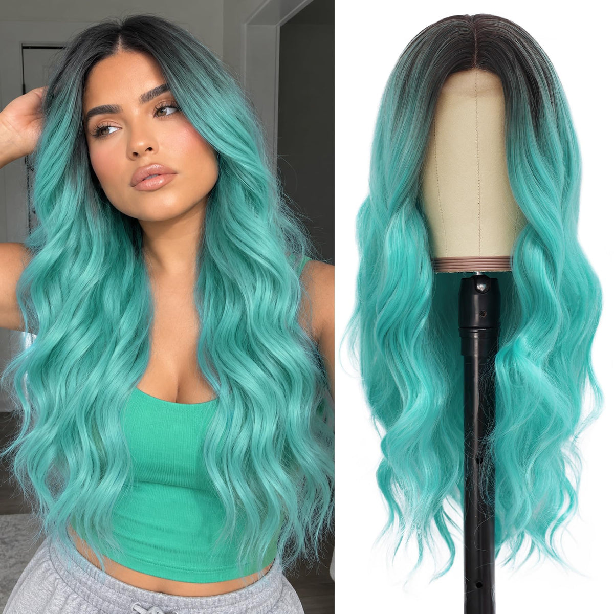 NAYOO Ice Blue Wig for Women, 26 Inch Middle Part Wavy Synthetic Wig