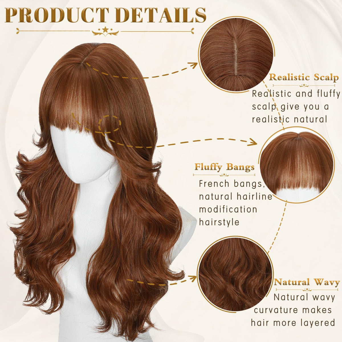 Rooted Honey Wig with Bangs for Women 24 Inch Long Wavy Synthetic Hair