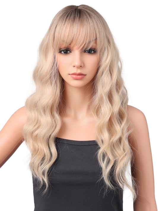 18 Inch Wavy Wig with Bangs – Black With Brown Highlights Heat Resistant Synthetic Hair, Soft Silky & Natural Looking for Women