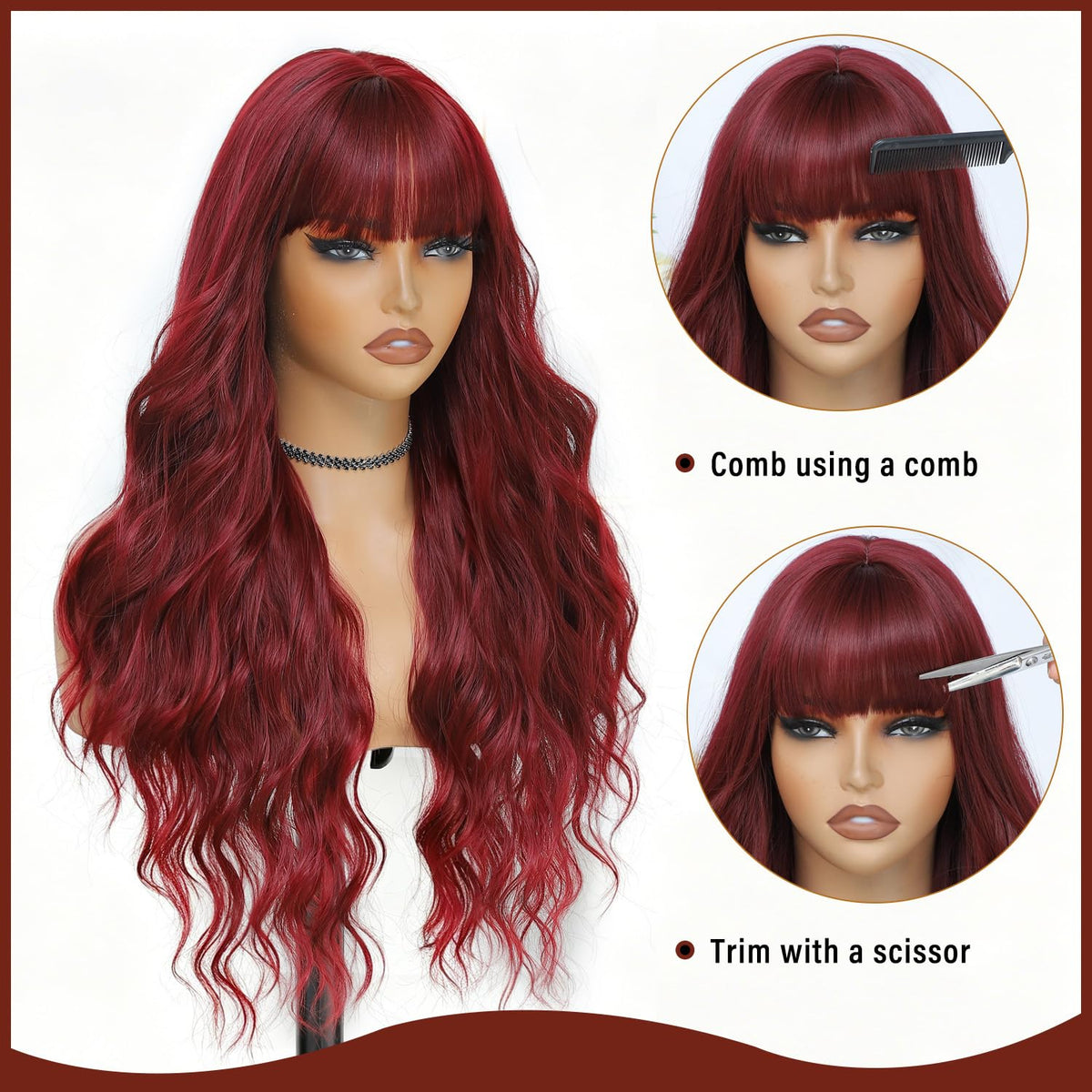 Burgundy Wig with Bangs for Women, Long Wavy Red Wig 26 Inch Wigs Heat Resistant Sythetic Wig for Daily Party Use