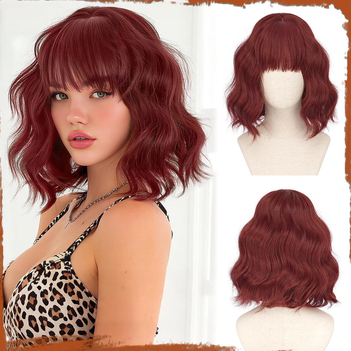SOFEIYAN Short Wavy Violet Blue Wig - 12 Inch Dark Ginger Bob Wig with Bangs for Women Curly Shoulder Length Bob Wig with Bangs Soft Synthetic Hair Wigs for Girls Daily Party Use