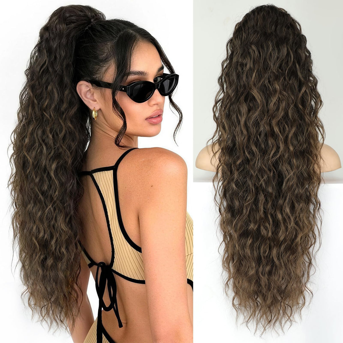 KooKaStyle Long Medium Brown Curly Synthetic Drawstring Ponytail Extension