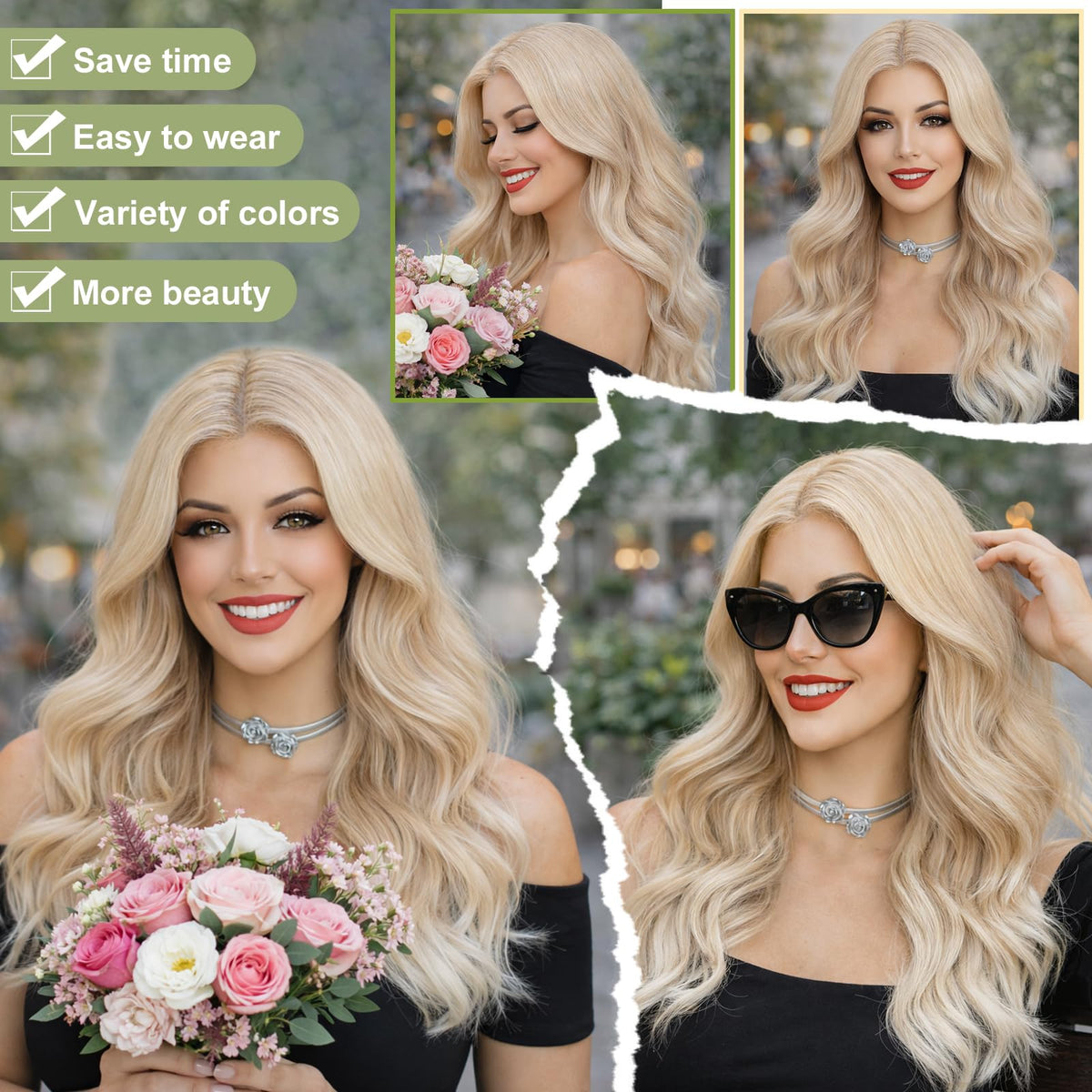 MORICA Ombre Dark Green Wigs for Women, 18 Inch Wavy Middle Part Wig