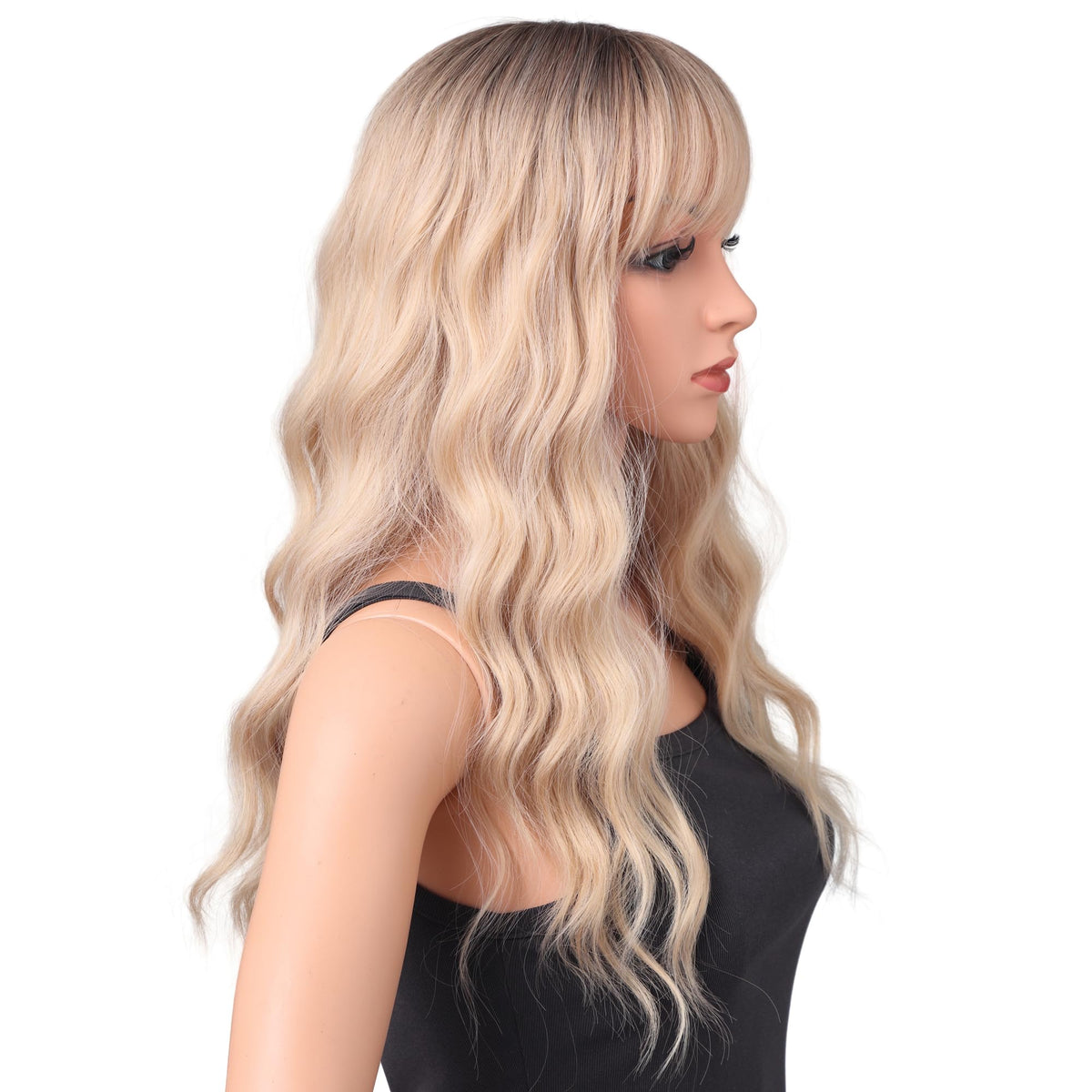 18 Inch Wavy Wig with Bangs – Black With Brown Highlights Heat Resistant Synthetic Hair, Soft Silky & Natural Looking for Women