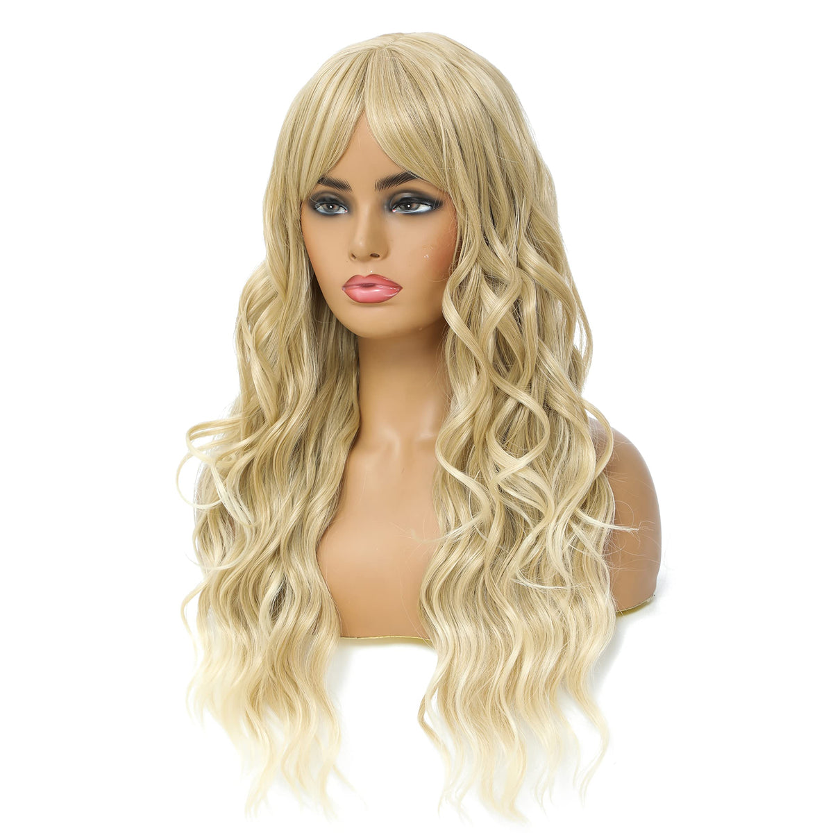 SWACC Long Curly Wavy Wig with Bangs Synthetic Hair Wig for Women with Wig Cap (Pink Ombre)