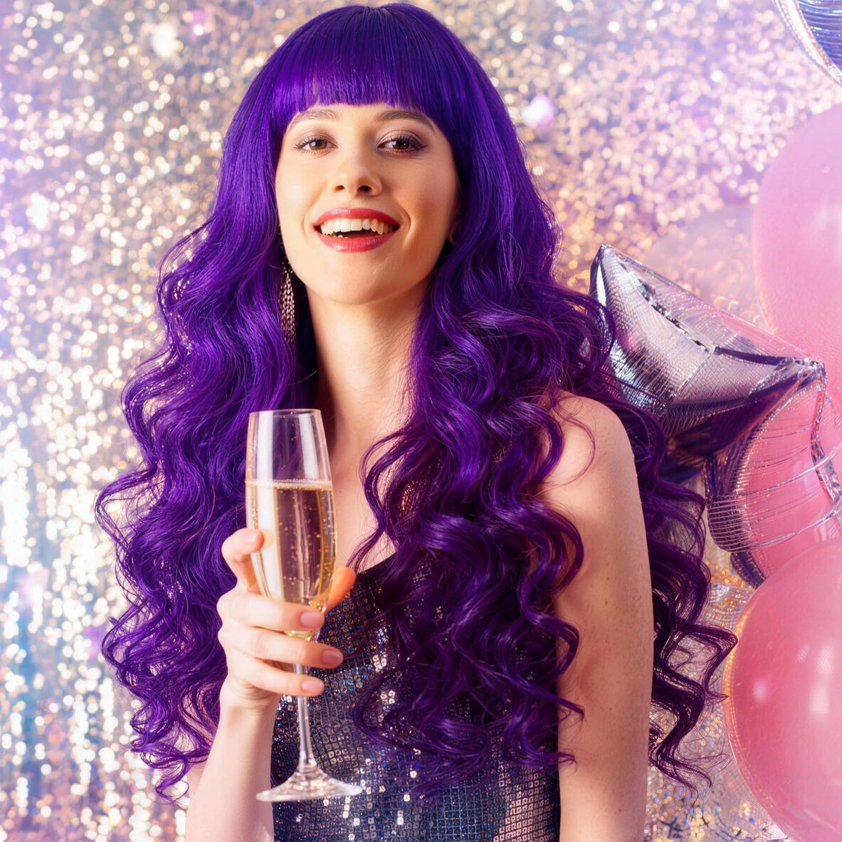 Purple Wig for Women Long Wavy Hair with Heart Sunglasses, Colorful Curly Wigs with Bangs for Birthday Nightclubs Music Festival Photography Funny Bachelorette Mardi Gras Party Supplies