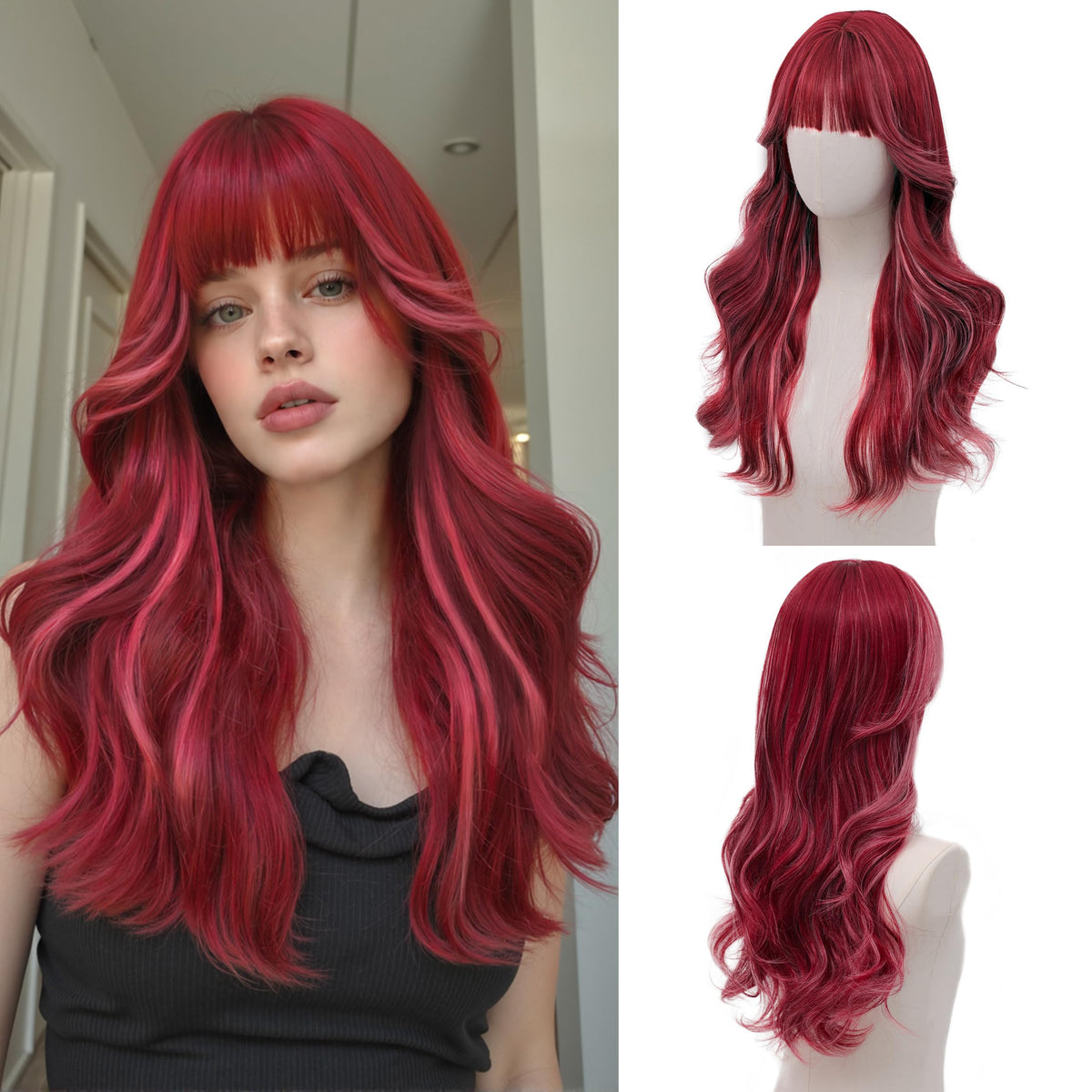 Rooted Honey Wig with Bangs for Women 24 Inch Long Wavy Synthetic Hair