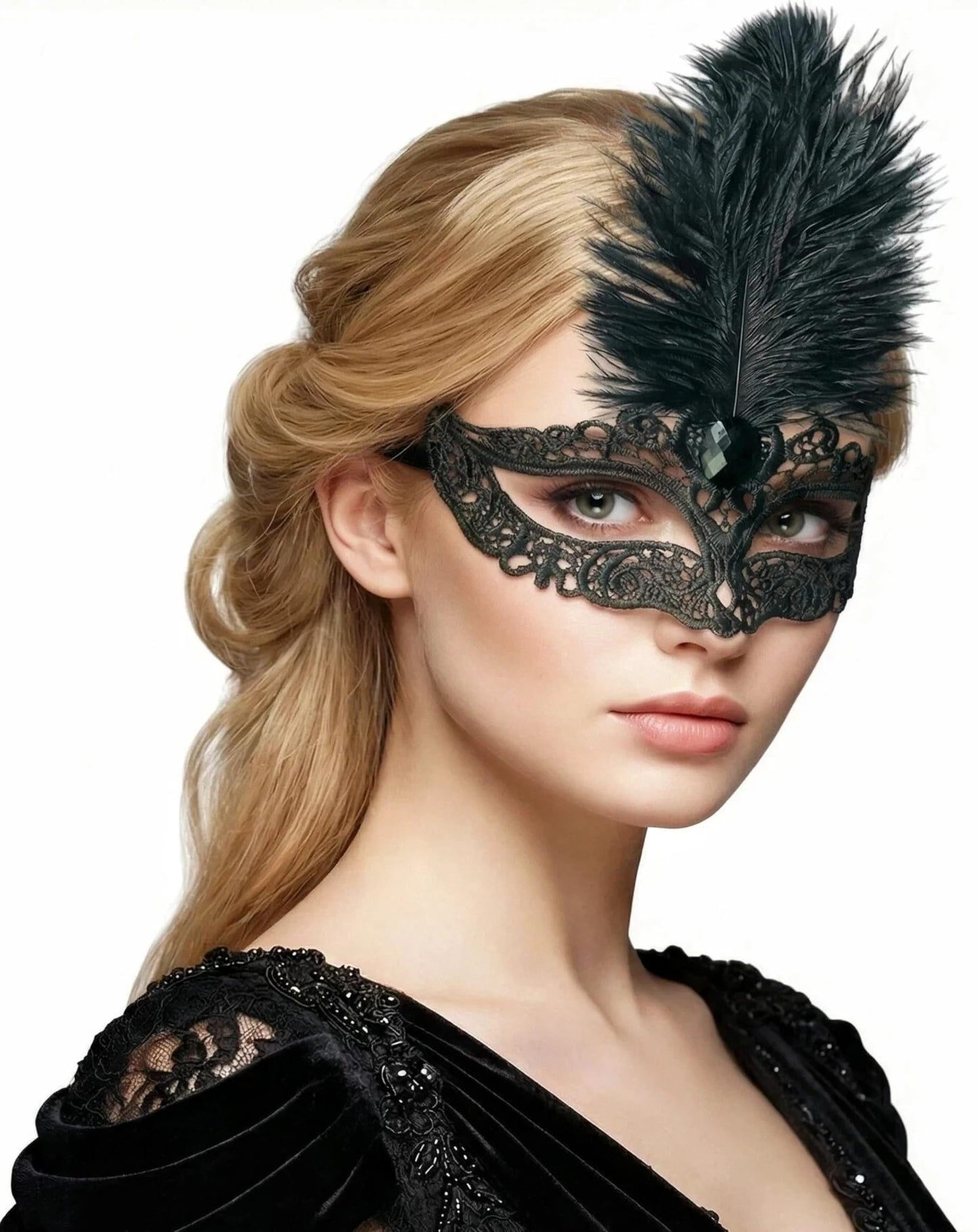 Black Lace Masquerade Mask for Women,1920s Venetian Feather Eye Mask with Gold Rhinestones for Mardi Gras Halloween