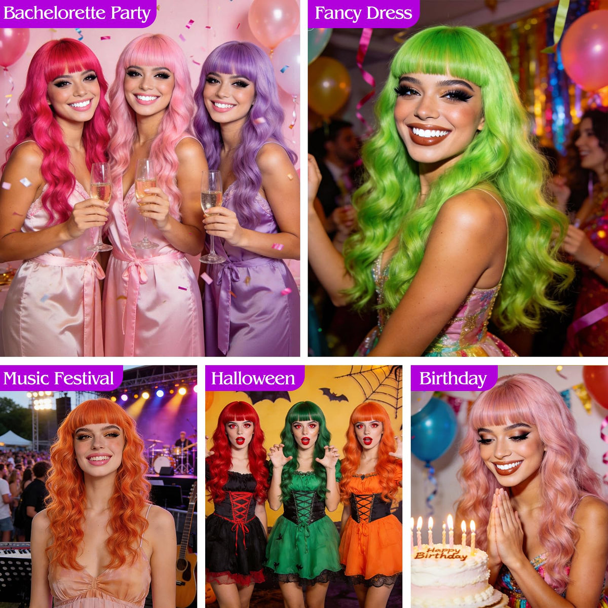 Purple Wig for Women Long Wavy Hair with Heart Sunglasses, Colorful Curly Wigs with Bangs for Birthday Nightclubs Music Festival Photography Funny Bachelorette Mardi Gras Party Supplies