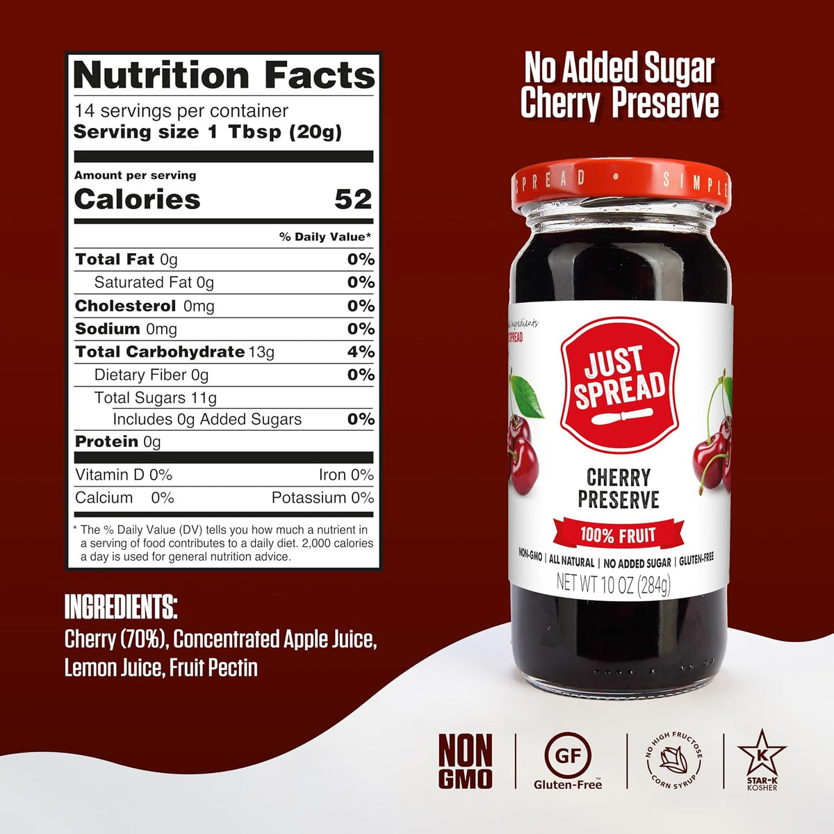 Just Spread 100% Fruit Preserve, Cherry, 10 oz Jar