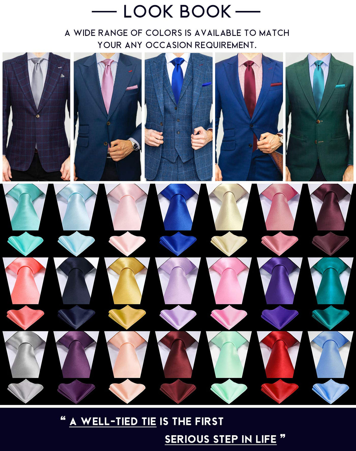 TIE G Solid Satin Woven dyed Color Formal Black Necktie and Pocket Square Sets in Gift Box