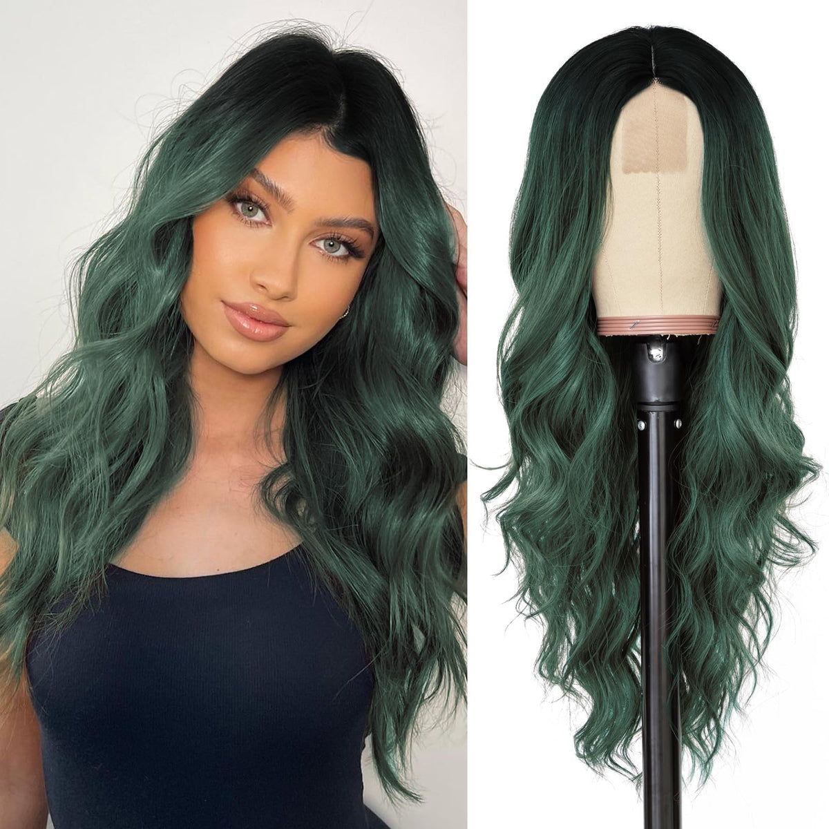 NAYOO Ice Blue Wig for Women, 26 Inch Middle Part Wavy Synthetic Wig