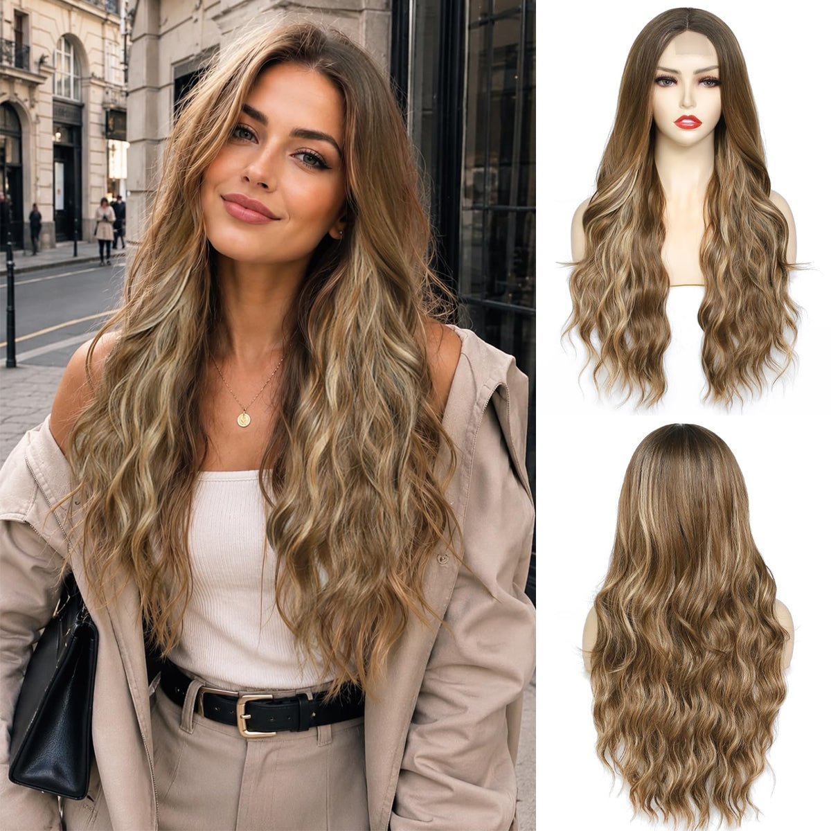 NAYOO 26 Inch Long Wavy Black Wig for Women, Middle Part Natural Looking Synthetic Wig, Heat Resistant Fiber Soft & Lightweight, Realistic Scalp Long Curly Wig for Daily Wear Party Cosplay