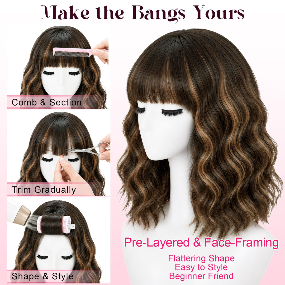 NOSTALGIA Wigs for Women, Short Wavy Bob Wig with Bangs, Trimmable Bangs, Shoulder Length, Black To Brown Heat Resistant Synthetic Wig for Daily Party Use, 14 Inch