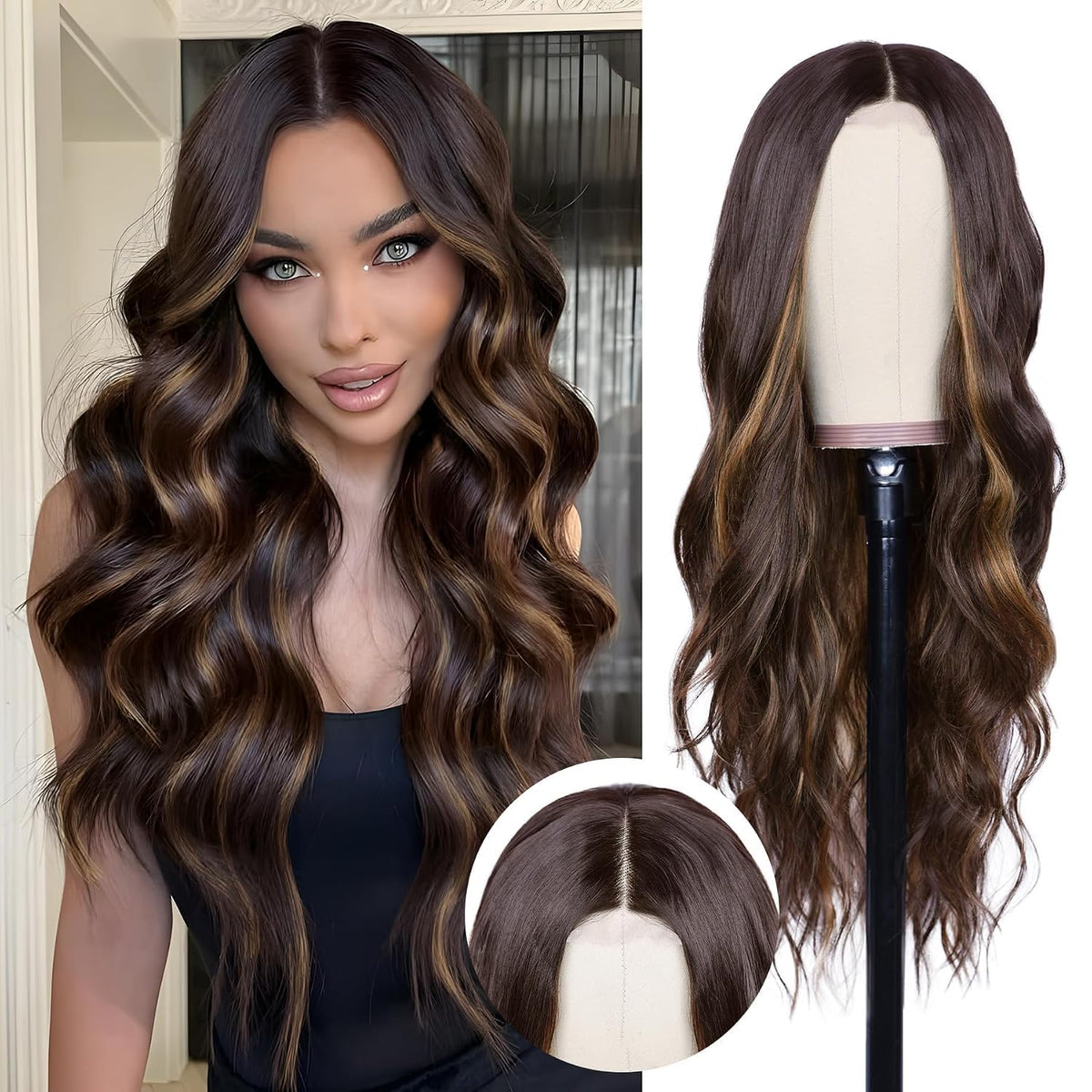 NAYOO Ice Blue Wig for Women, 26 Inch Middle Part Wavy Synthetic Wig