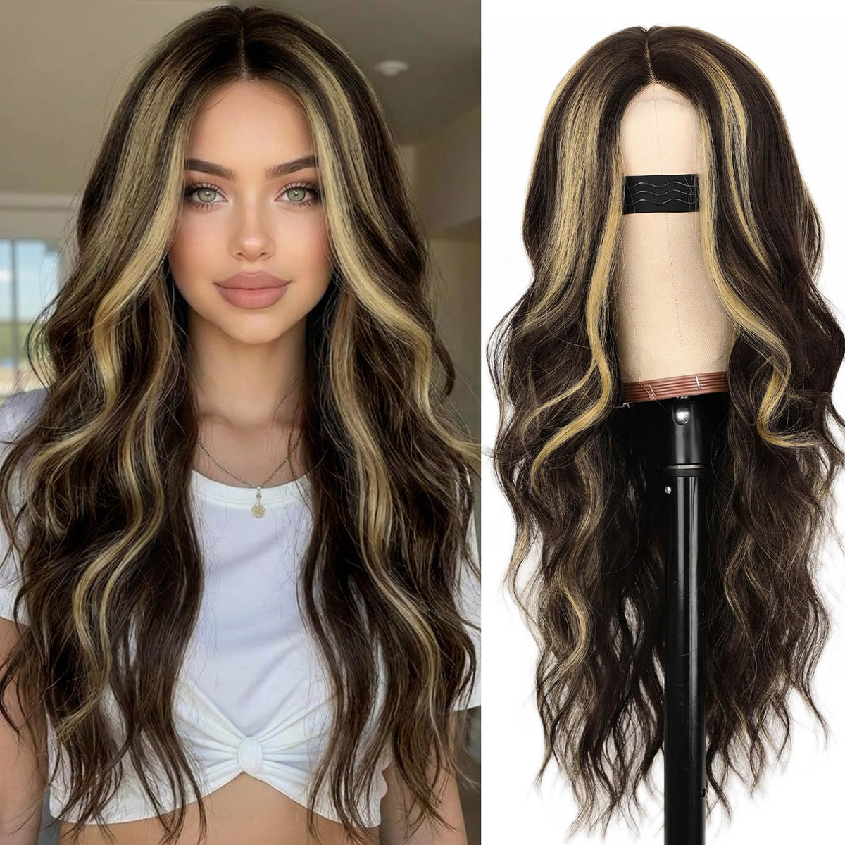 AISI HAIR Black Wig for Women, Long Wavy Lace Hairline Synthetic Wig 26Inch