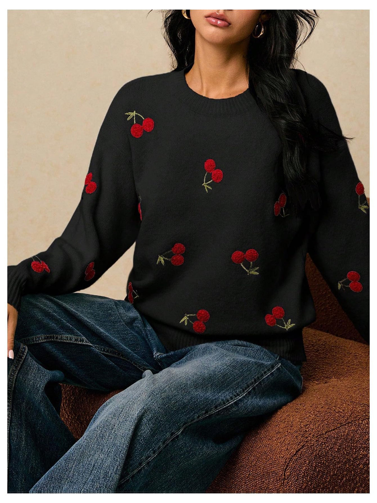 MakeMeChic Women's Cherry Embroidery Sweater Pullovers