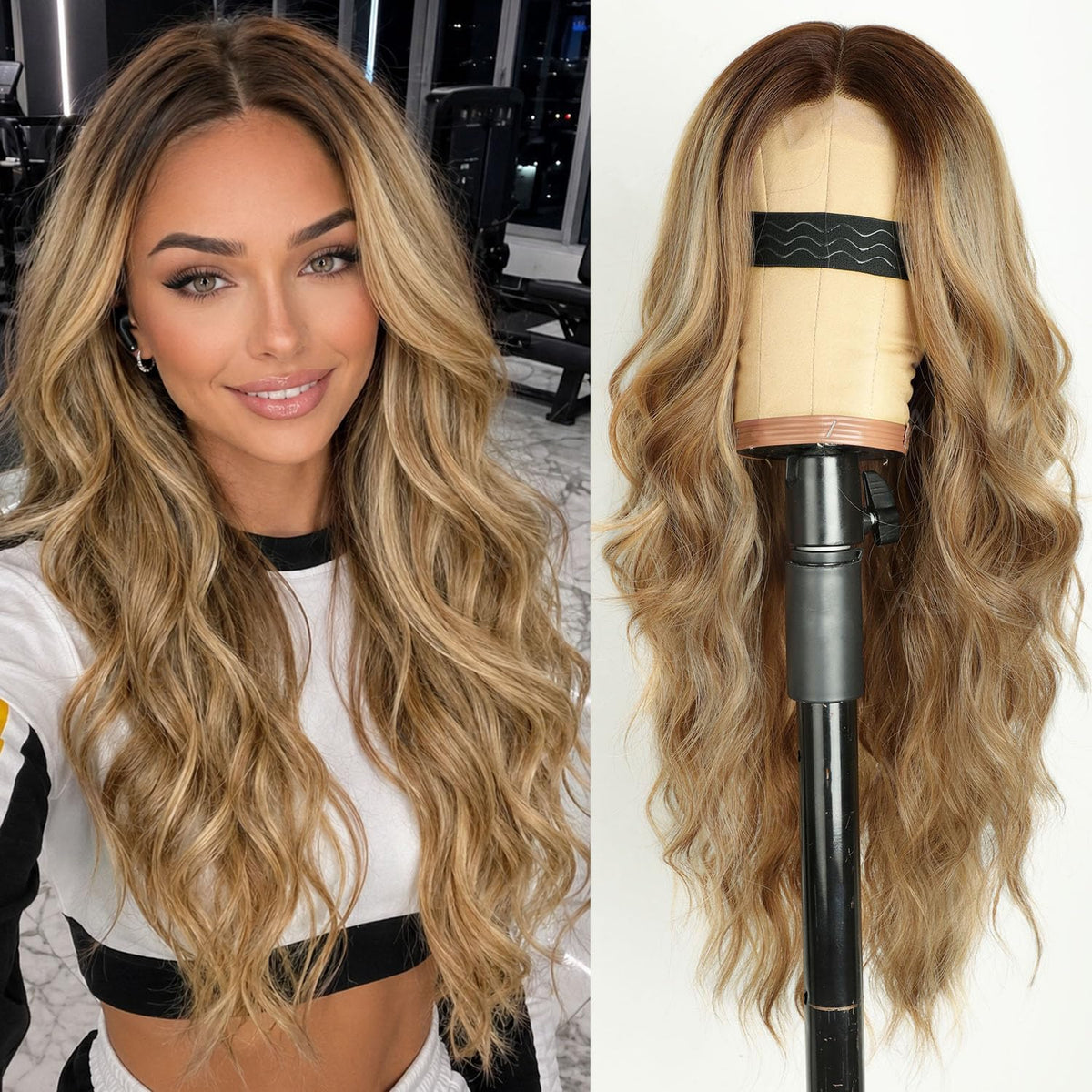 AISI HAIR Black Wig for Women, Long Wavy Lace Hairline Synthetic Wig 26Inch