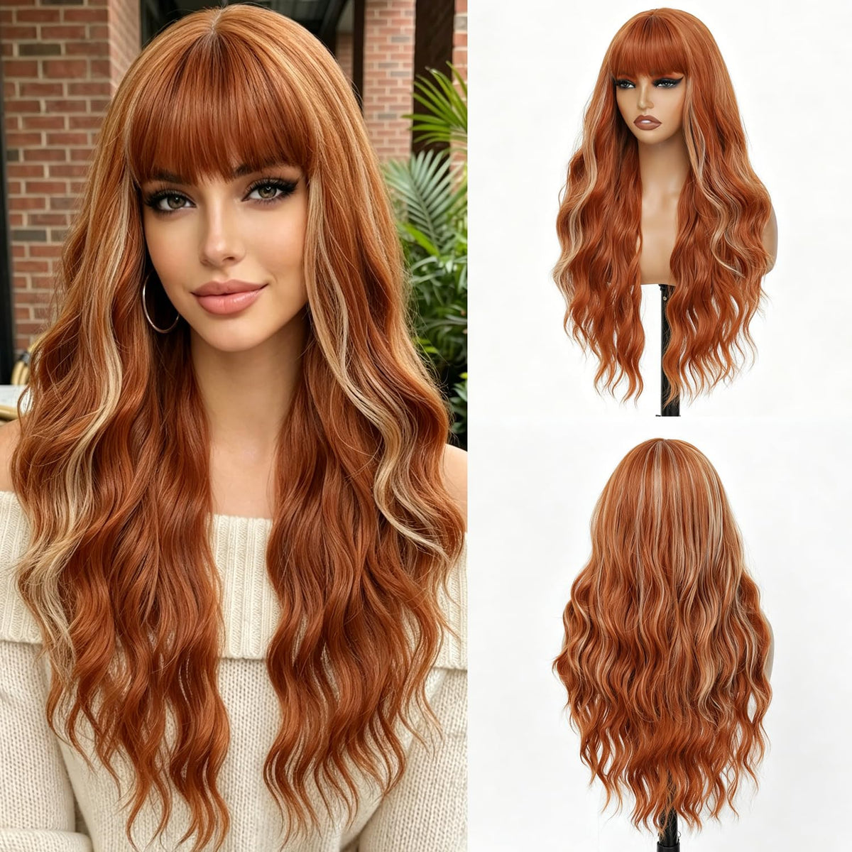 Burgundy Wig with Bangs for Women, Long Wavy Red Wig 26 Inch Wigs Heat Resistant Sythetic Wig for Daily Party Use