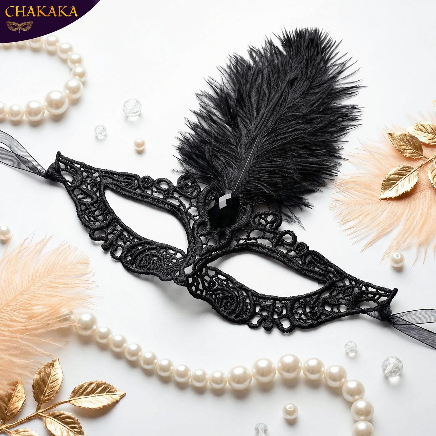 Black Lace Masquerade Mask for Women,1920s Venetian Feather Eye Mask with Gold Rhinestones for Mardi Gras Halloween