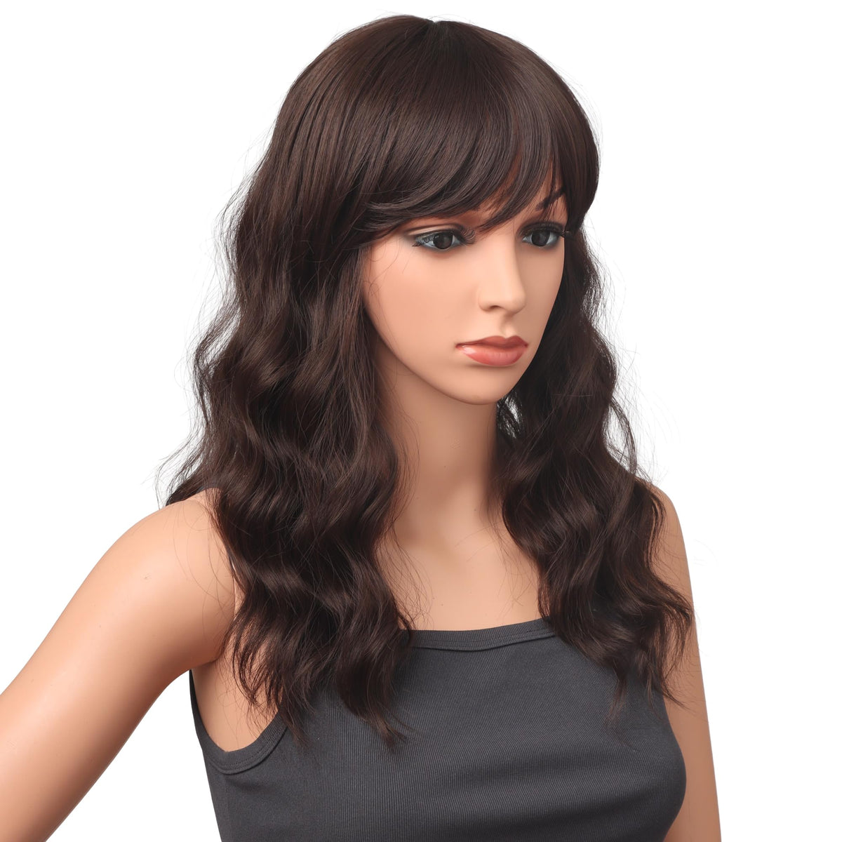 18 Inch Wavy Wig with Bangs – Black With Brown Highlights Heat Resistant Synthetic Hair, Soft Silky & Natural Looking for Women