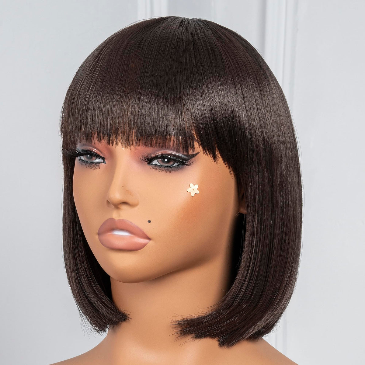 ToyoTress Bob Wig With Bangs - 12 Inch Peek-a-boo Color Short Bob Wig For Black Women Black Mix Brown Daily Costume Wigs, Light Yaki Straight Synthetic Hair Wigs Heat Resistant (12 Inch, SH30-612H)