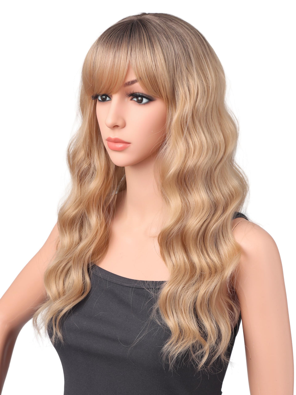 18 Inch Wavy Wig with Bangs – Black With Brown Highlights Heat Resistant Synthetic Hair, Soft Silky & Natural Looking for Women