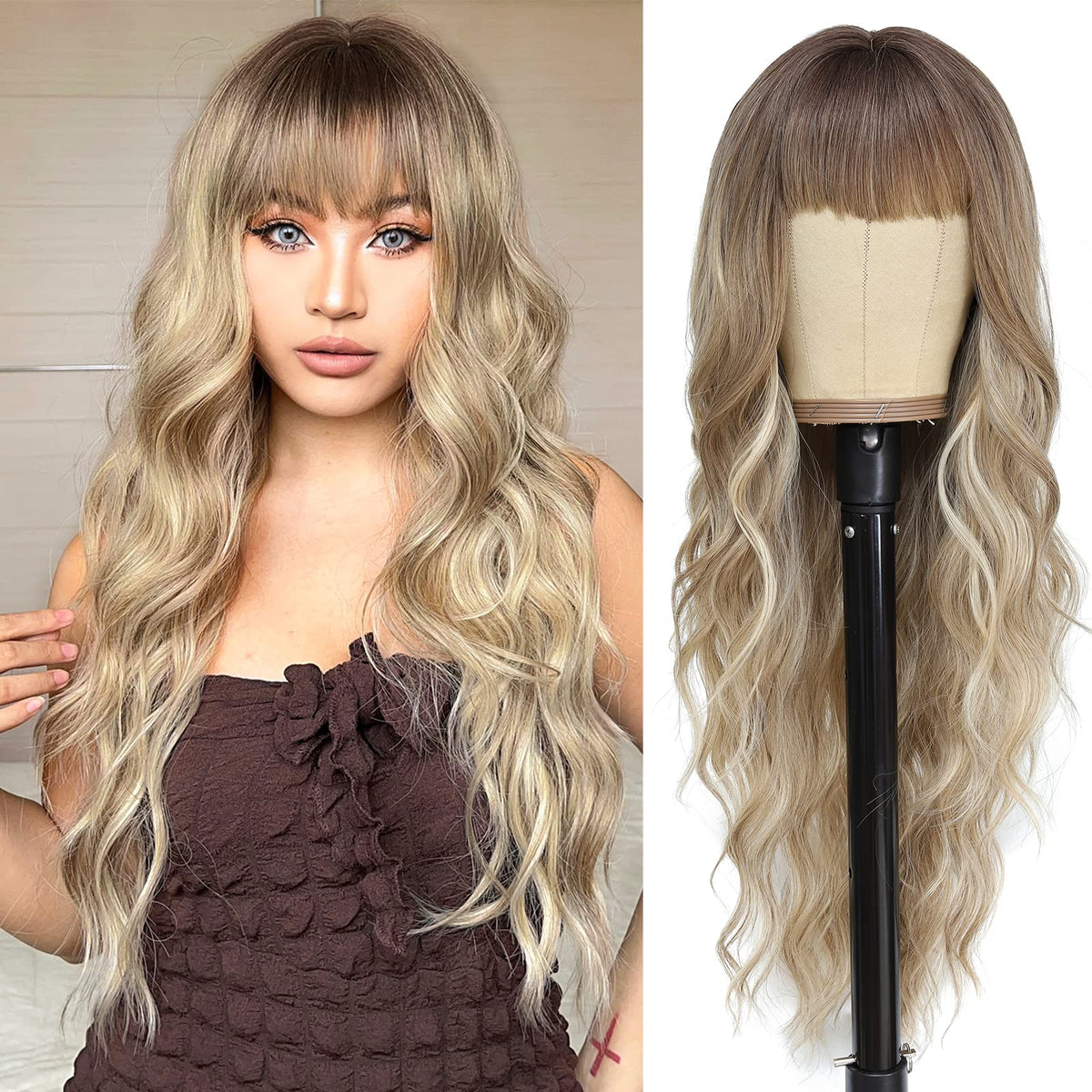 NAYOO Ice Blue Wig for Women, 26 Inch Middle Part Wavy Synthetic Wig