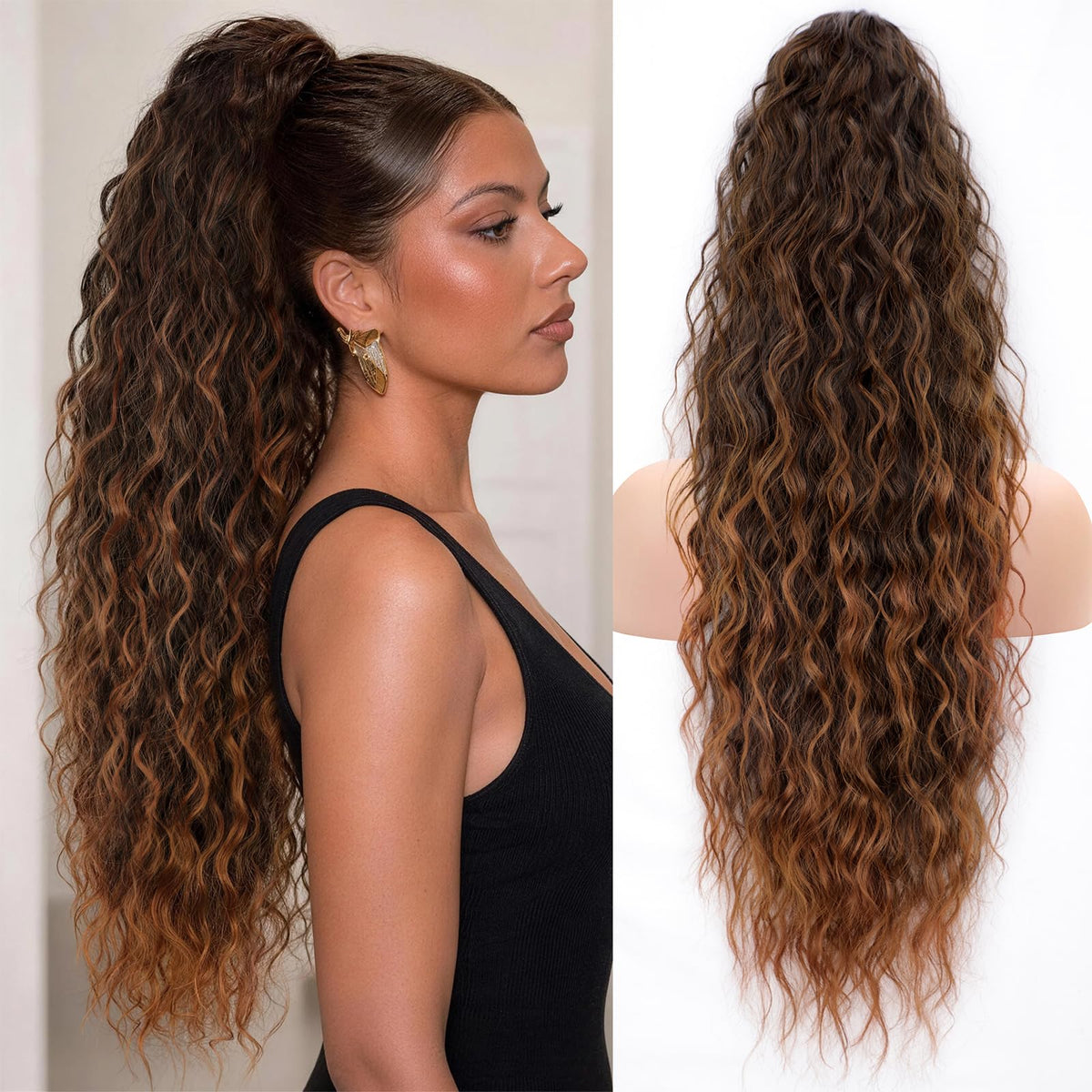 KooKaStyle Long Medium Brown Curly Synthetic Drawstring Ponytail Extension